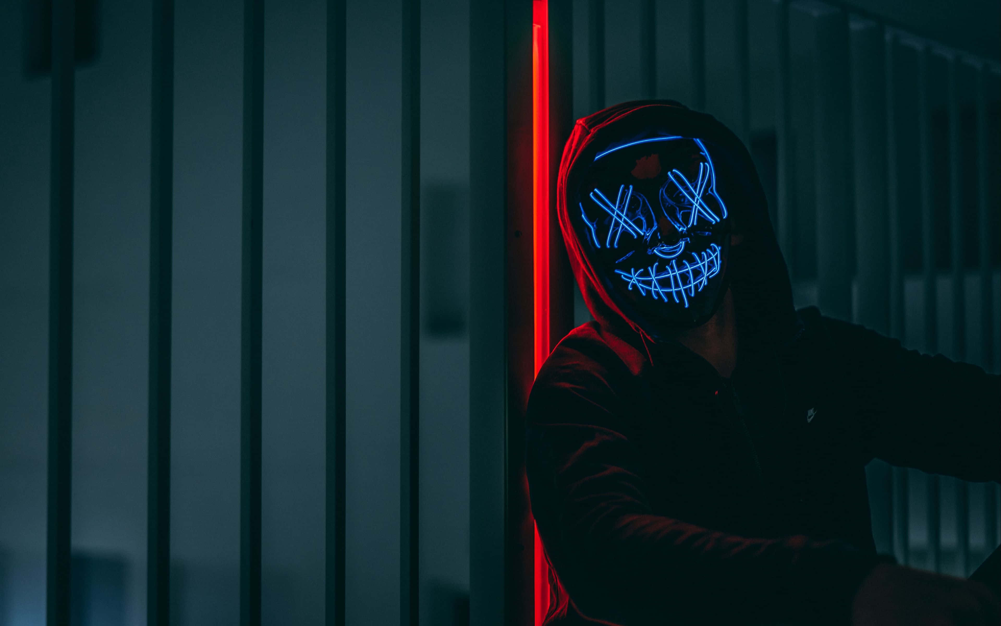4K Mask Anonymous, blue neon lights, hood, 4K Desktop Wallpaper