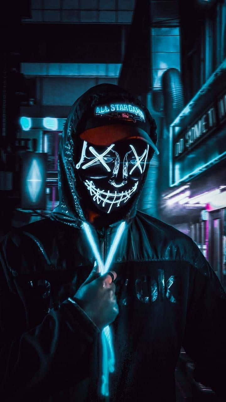 4K Mask Man, hoodie, neon-lit urban alley, HD Phone Wallpaper