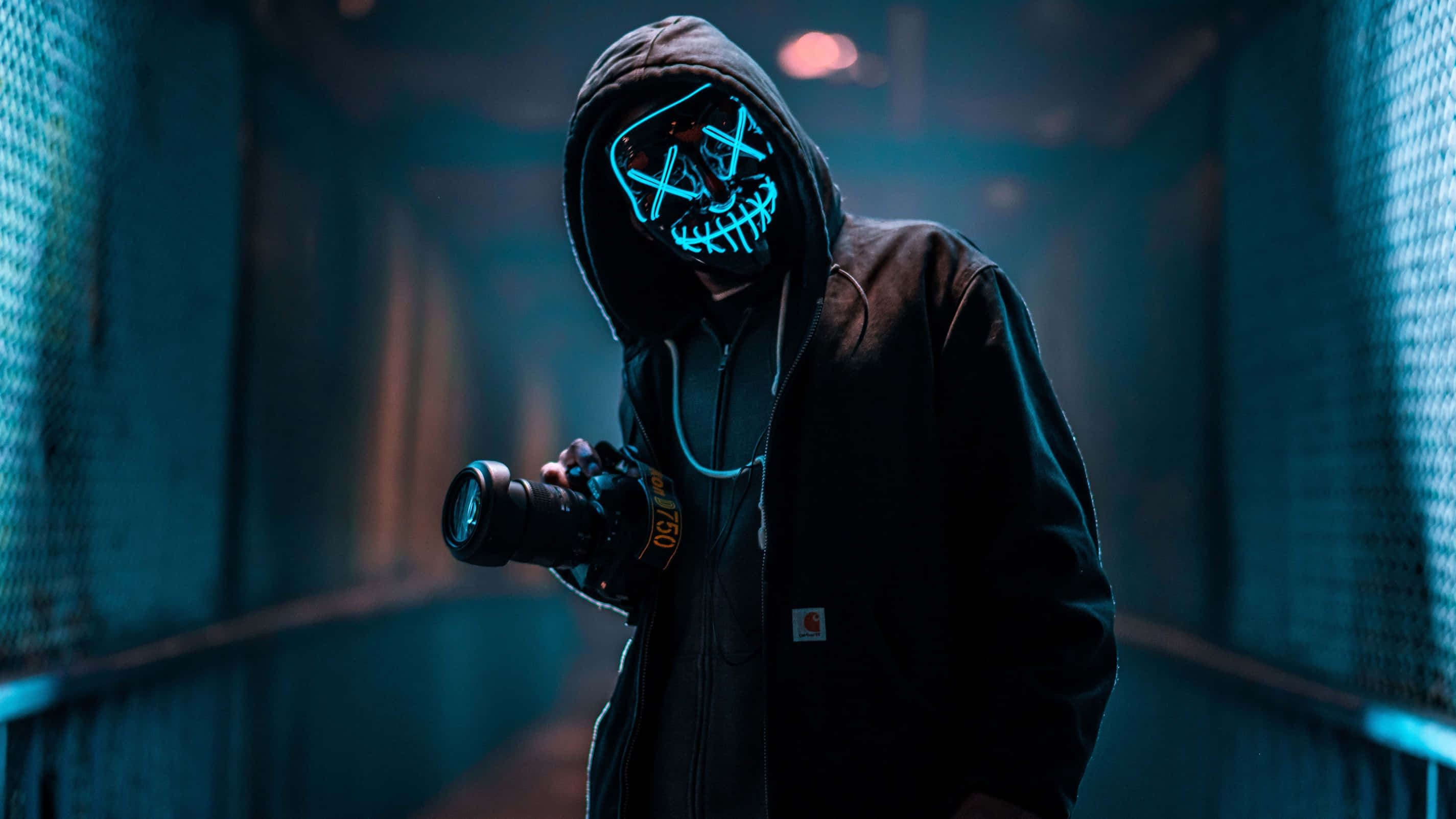 neon blue 4k mask, hooded figure, glowing blue skull mask, 2K Desktop Wallpaper