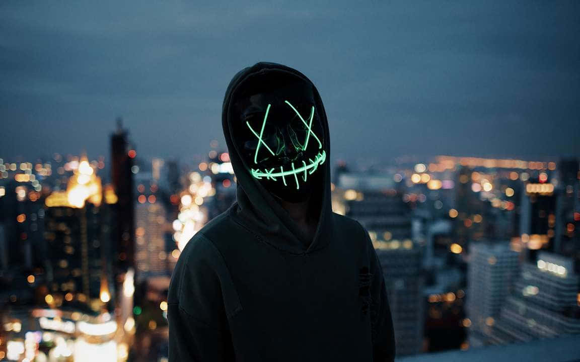 4K Mask, glowing green skull mask, city at night, SD Desktop Wallpaper