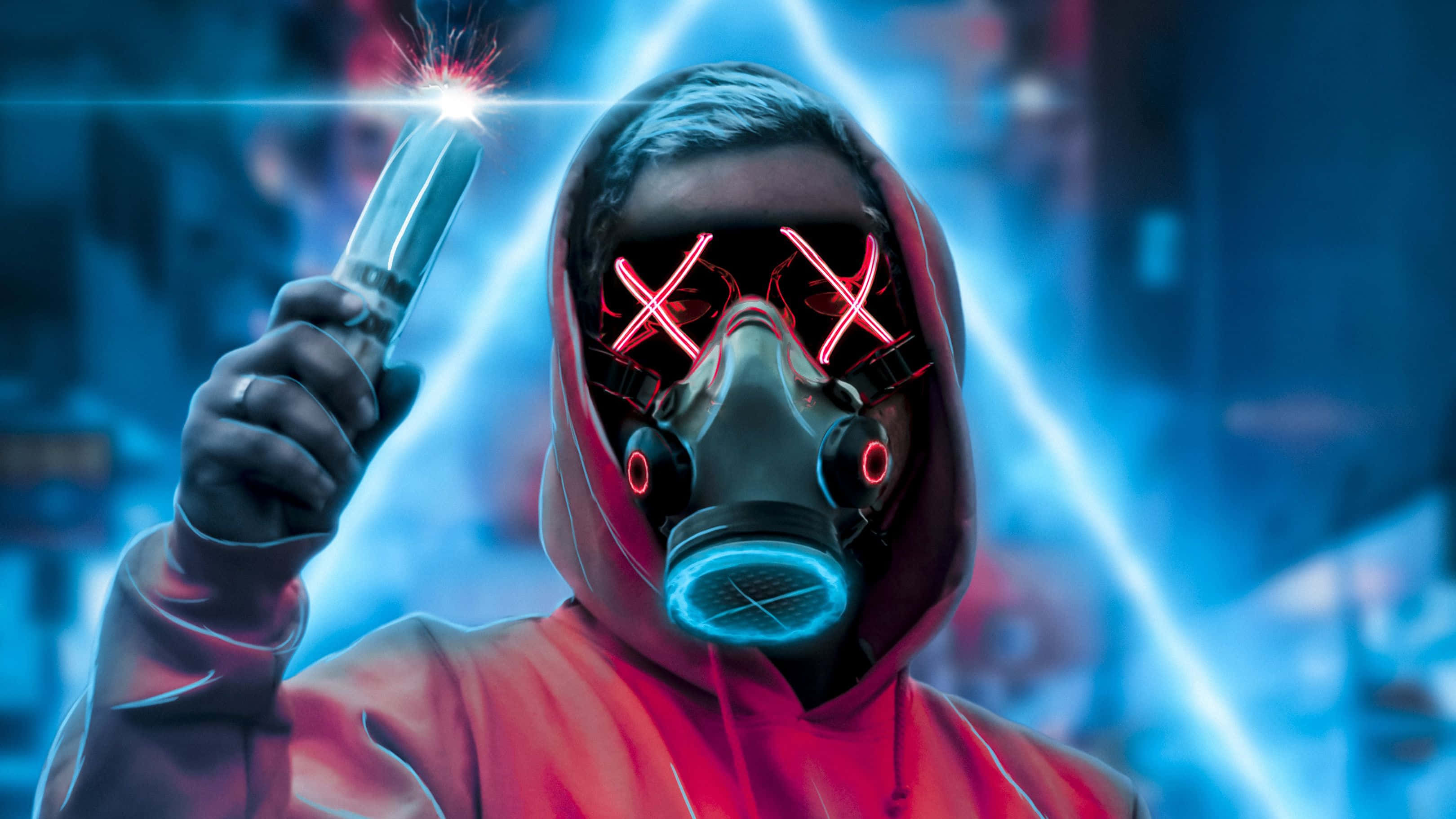 4K Mask Man, red hoodie, glowing gas mask, 2K Desktop Wallpaper