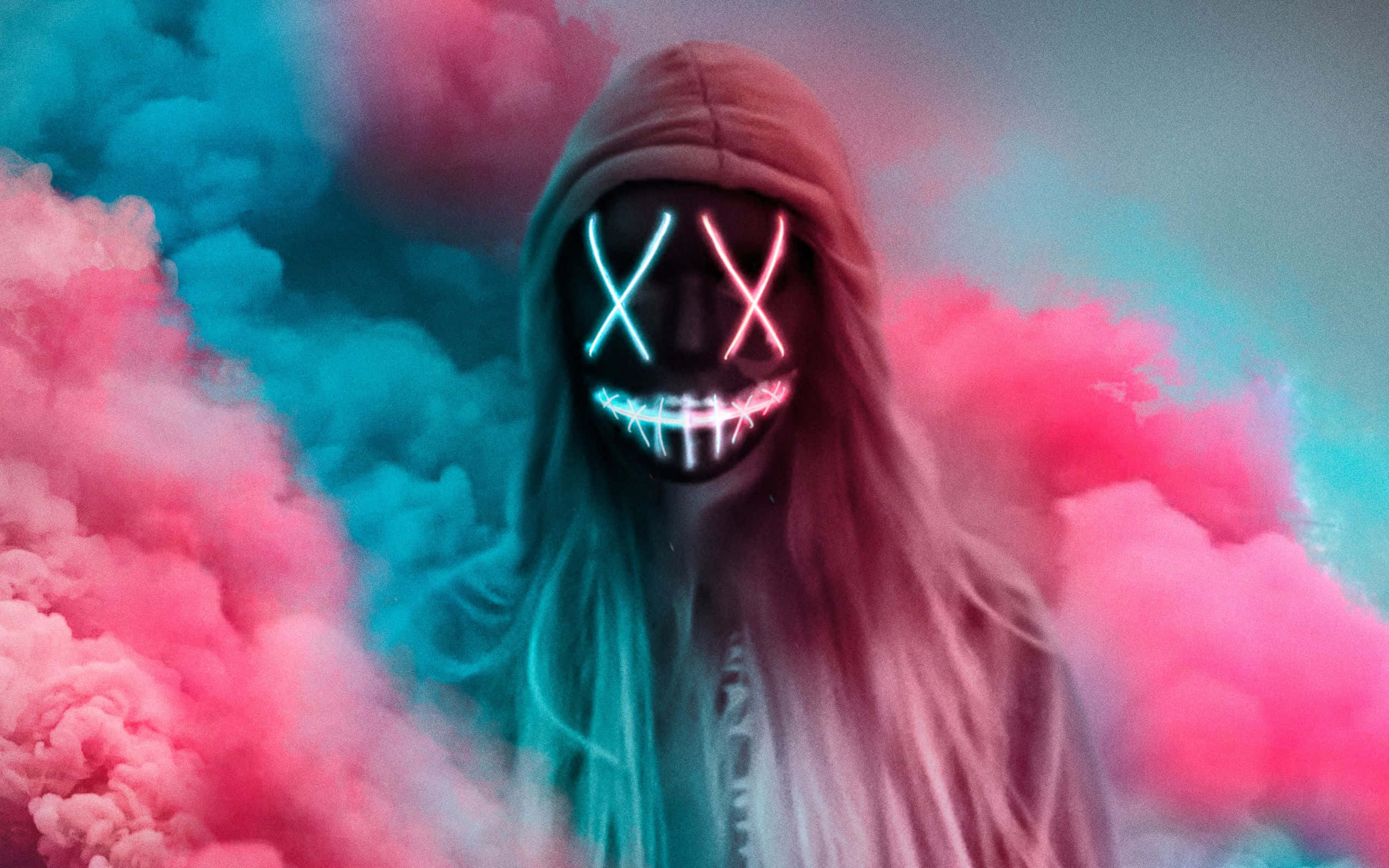 4K Mask Lady Anonymous, neon X eyes, glowing neon X eyes, 2K Desktop Wallpaper