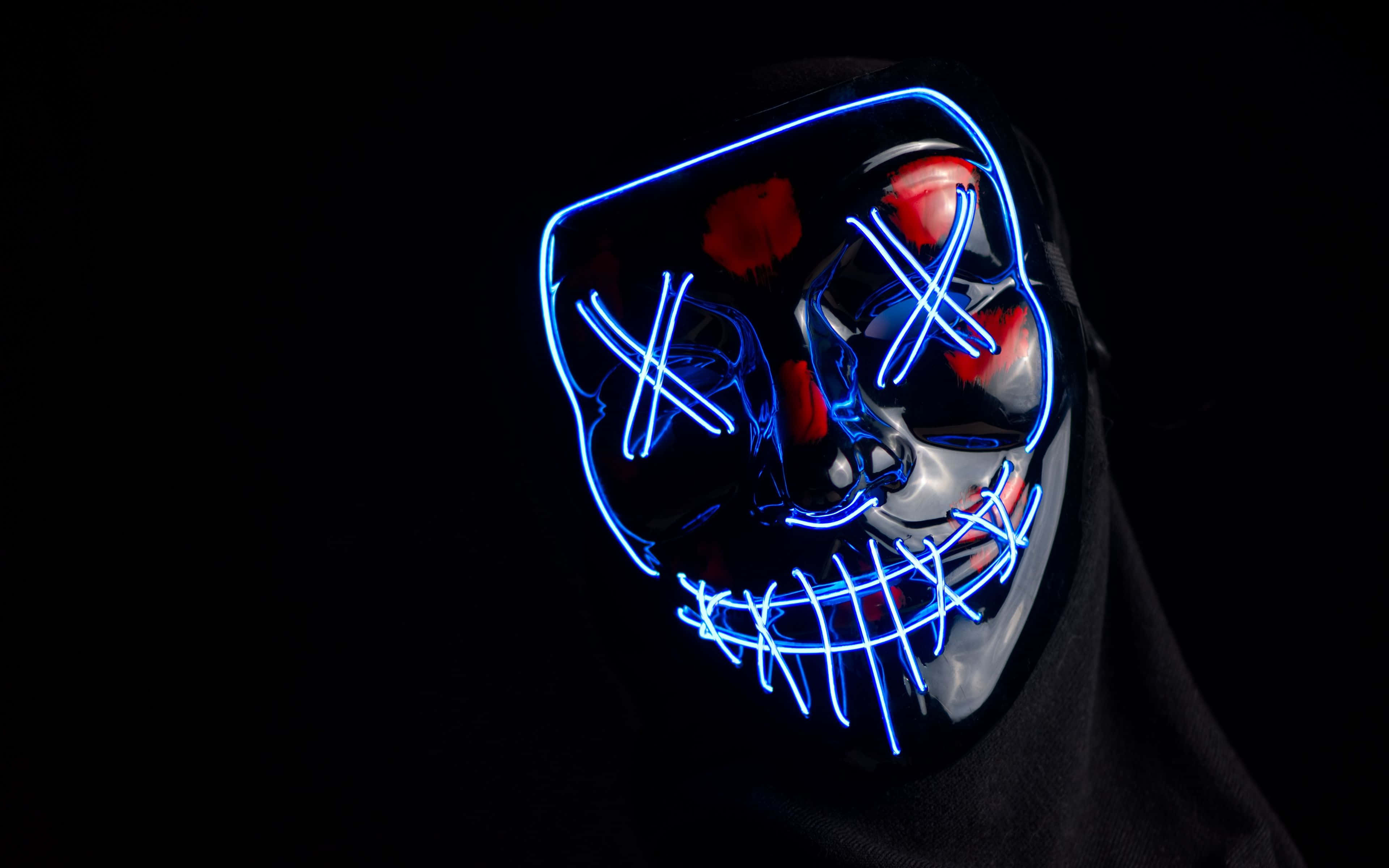 4K Mask, Anonymous, blue neon lights, 4K Desktop Wallpaper