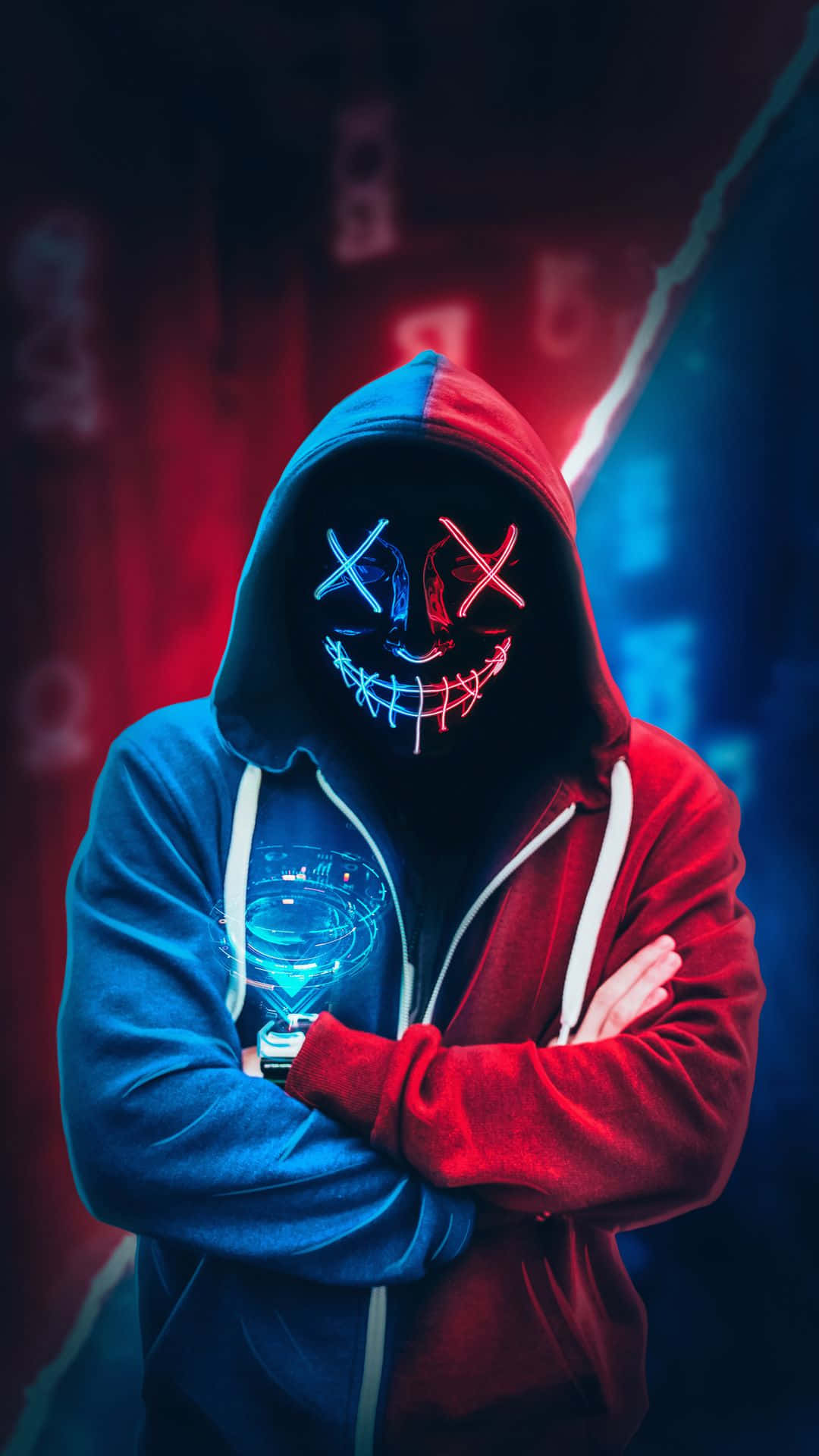 4K Mask, blue red neon hacker boy, glowing neon mask, Full HD Phone Wallpaper
