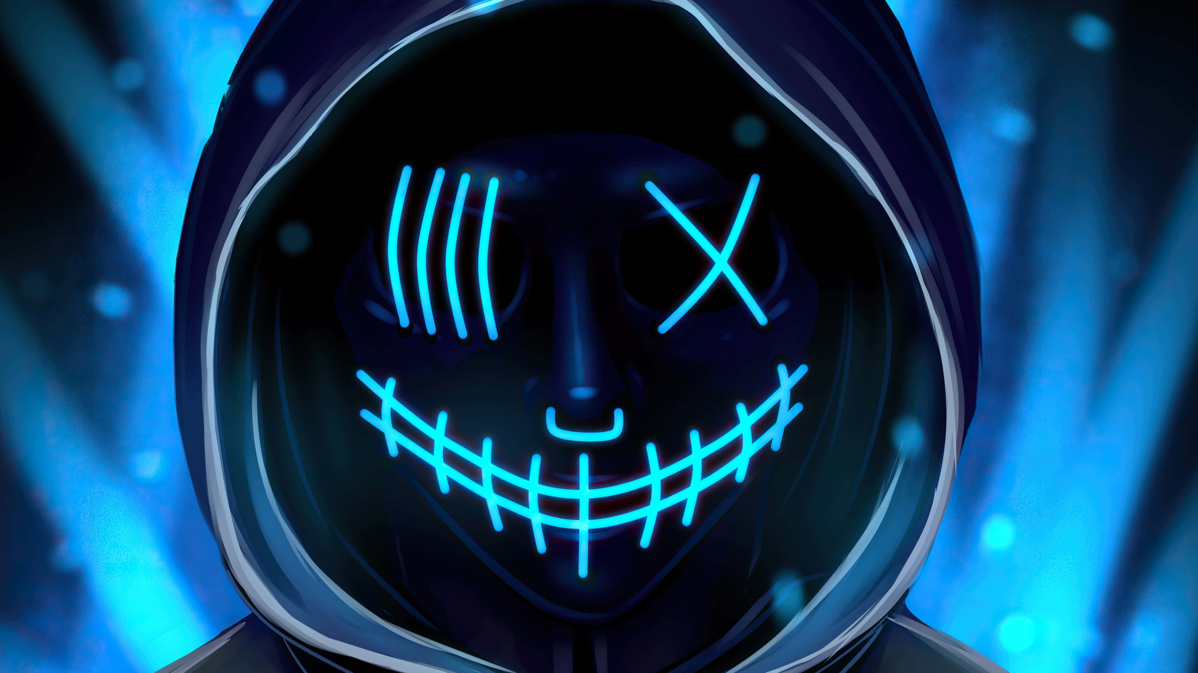 4K Mask, blue neon, glowing blue stitched smile mask, 2K Desktop Wallpaper