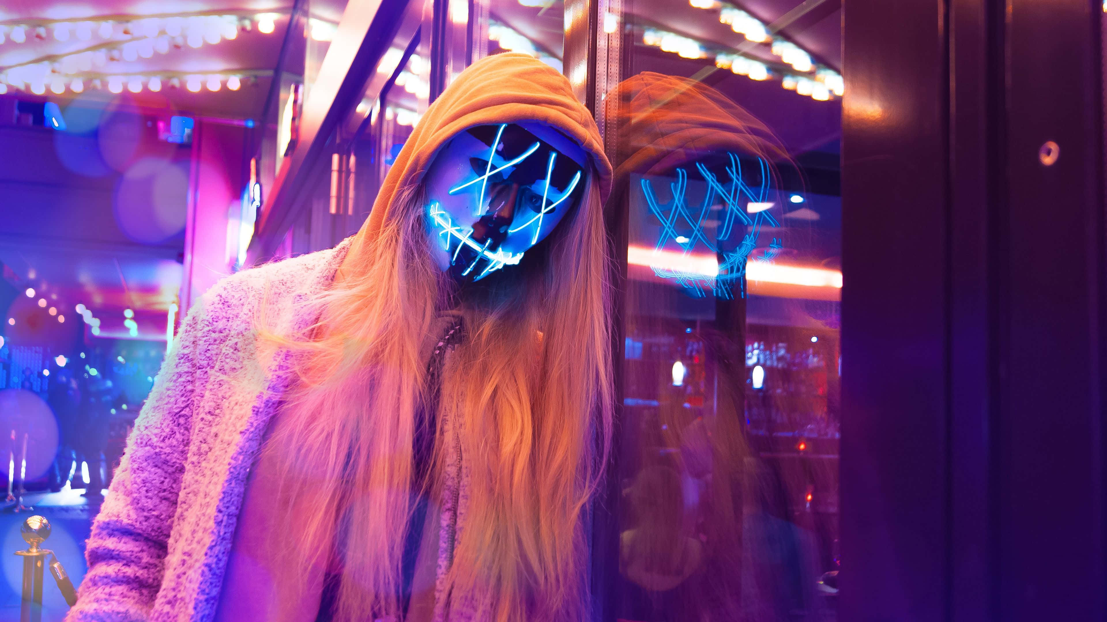 4K Mask, teenage girl, neon mask, 4K Desktop Wallpaper