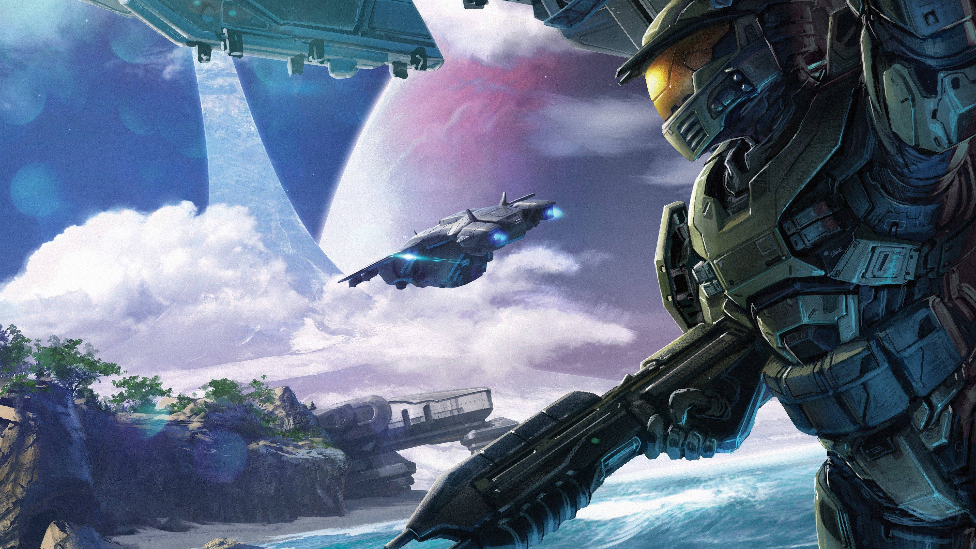Master Chief, green armor, rocky beach, 4K Desktop Wallpaper