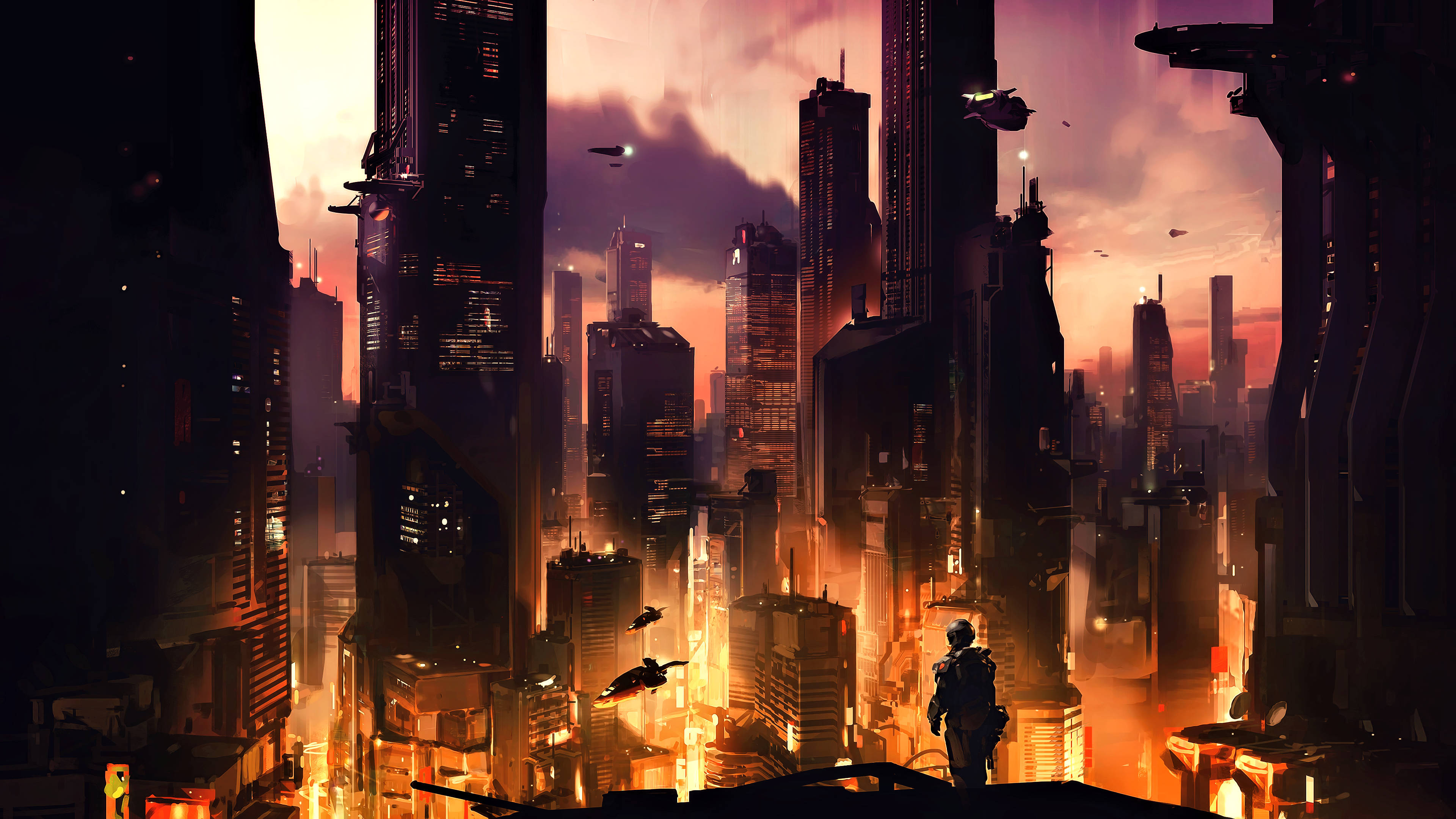 Master Chief, futuristic city, sunset, 4K Desktop Wallpaper