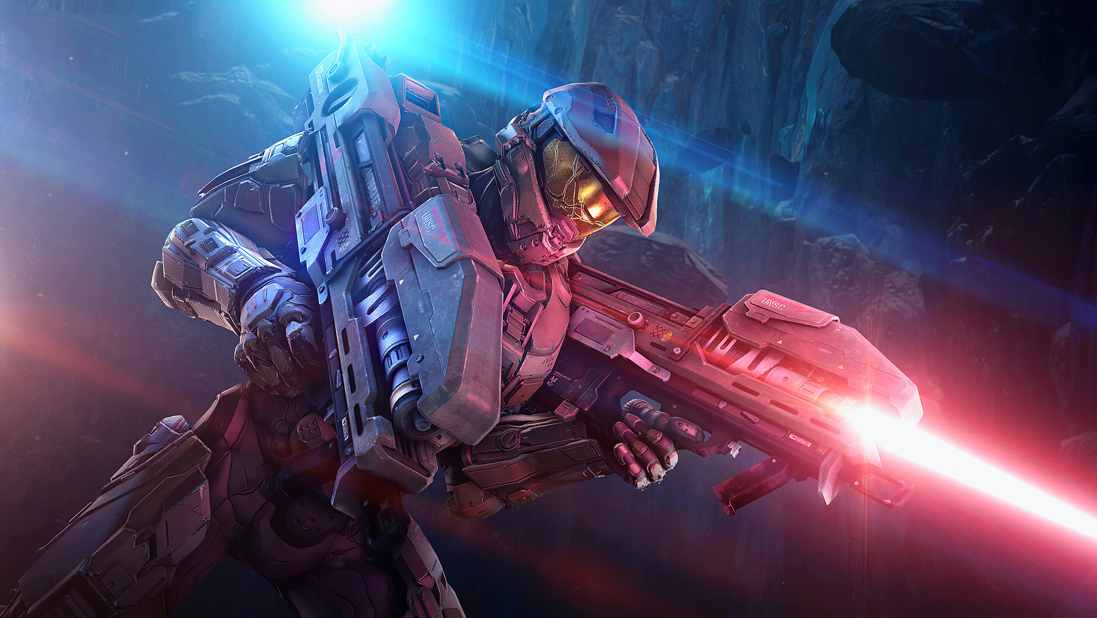 Master Chief, glowing red weapon, dark cavernous space, 4K Desktop Wallpaper