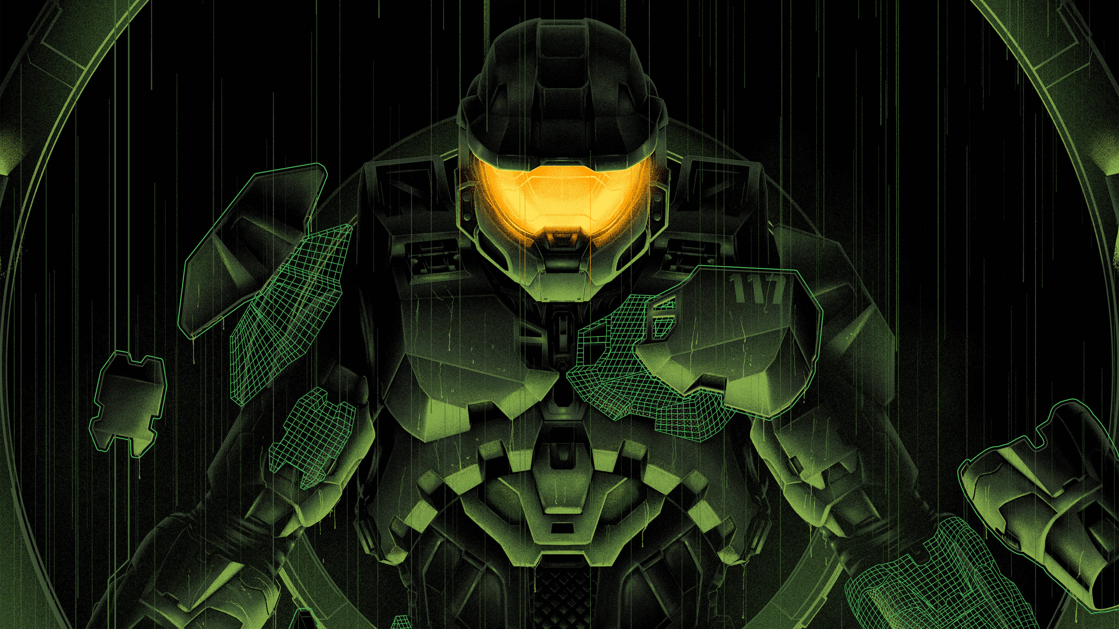 Master Chief, green armor, glowing orange visor, 4K Desktop Wallpaper