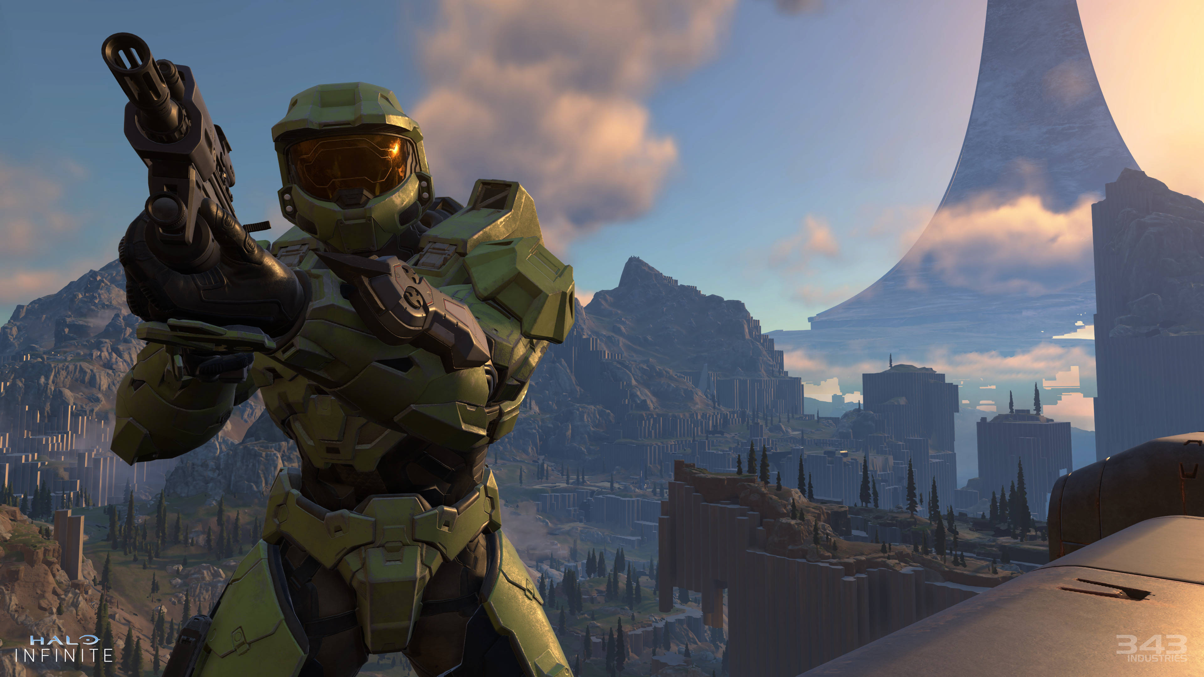 Master Chief, green armor, alien mountains, 4K Desktop Wallpaper
