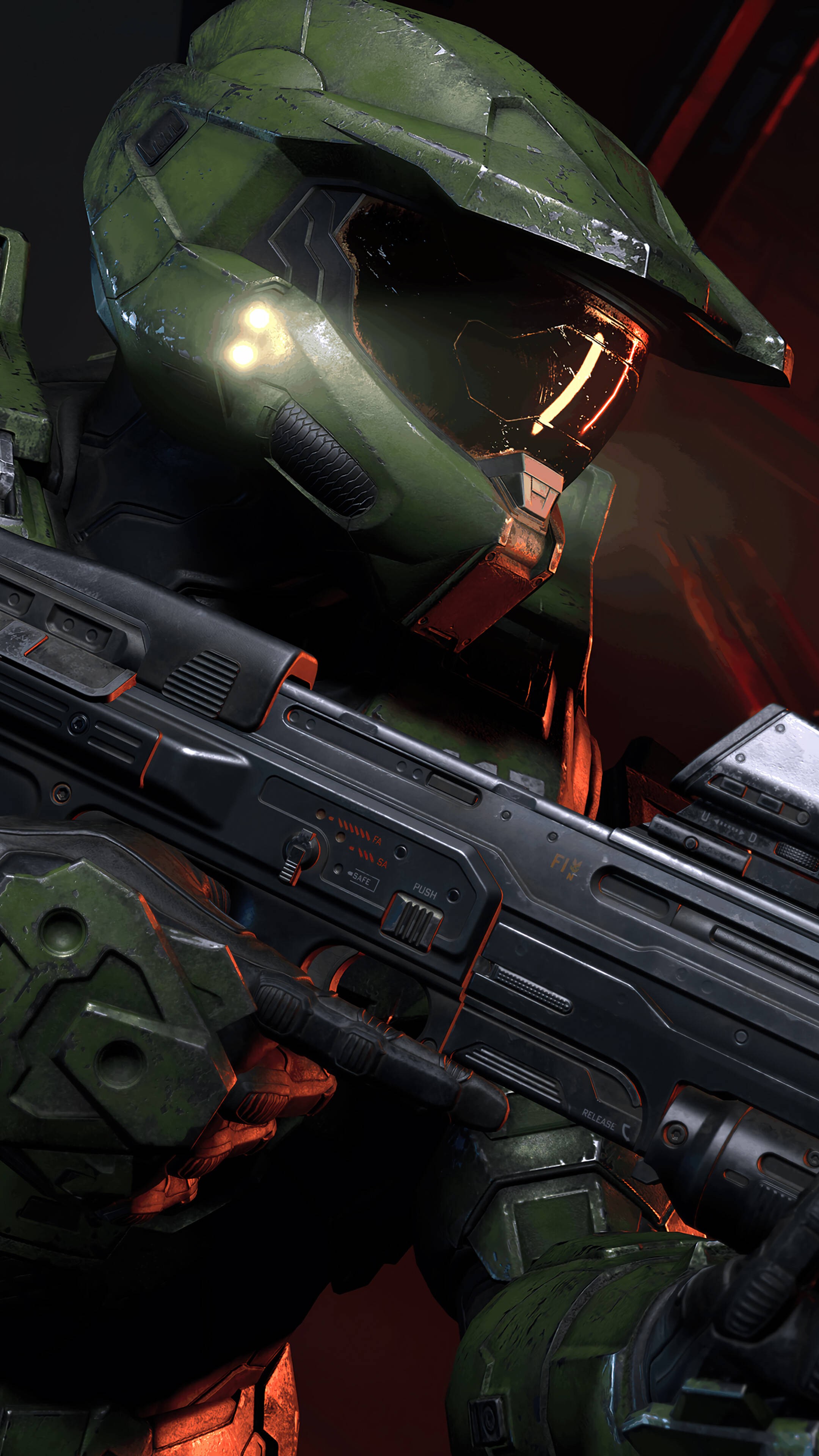 Master Chief, green armored soldier, glowing visor, 4K Phone Wallpaper