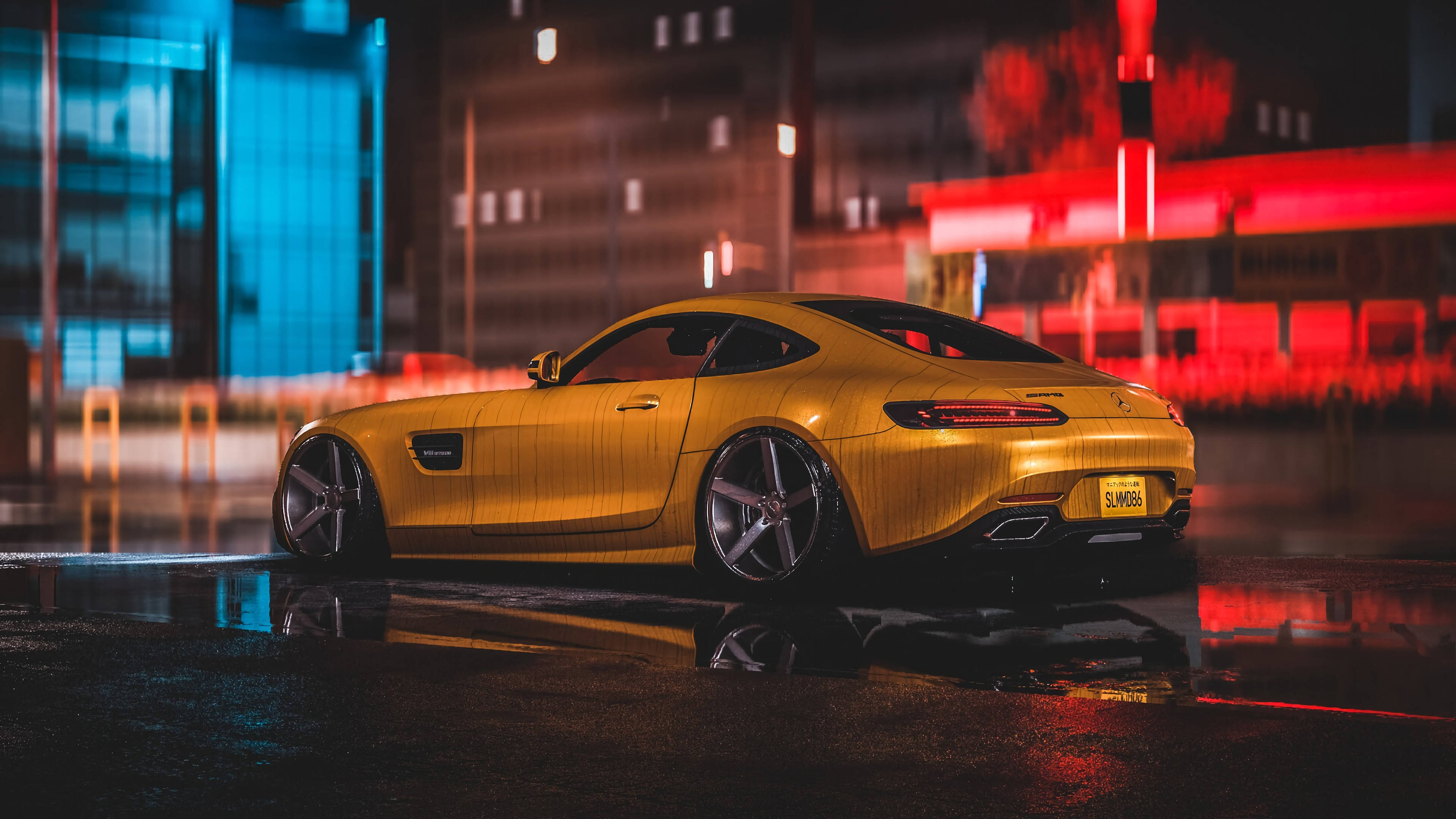4K Mercedes, yellow, wet city street, 4K Desktop Wallpaper