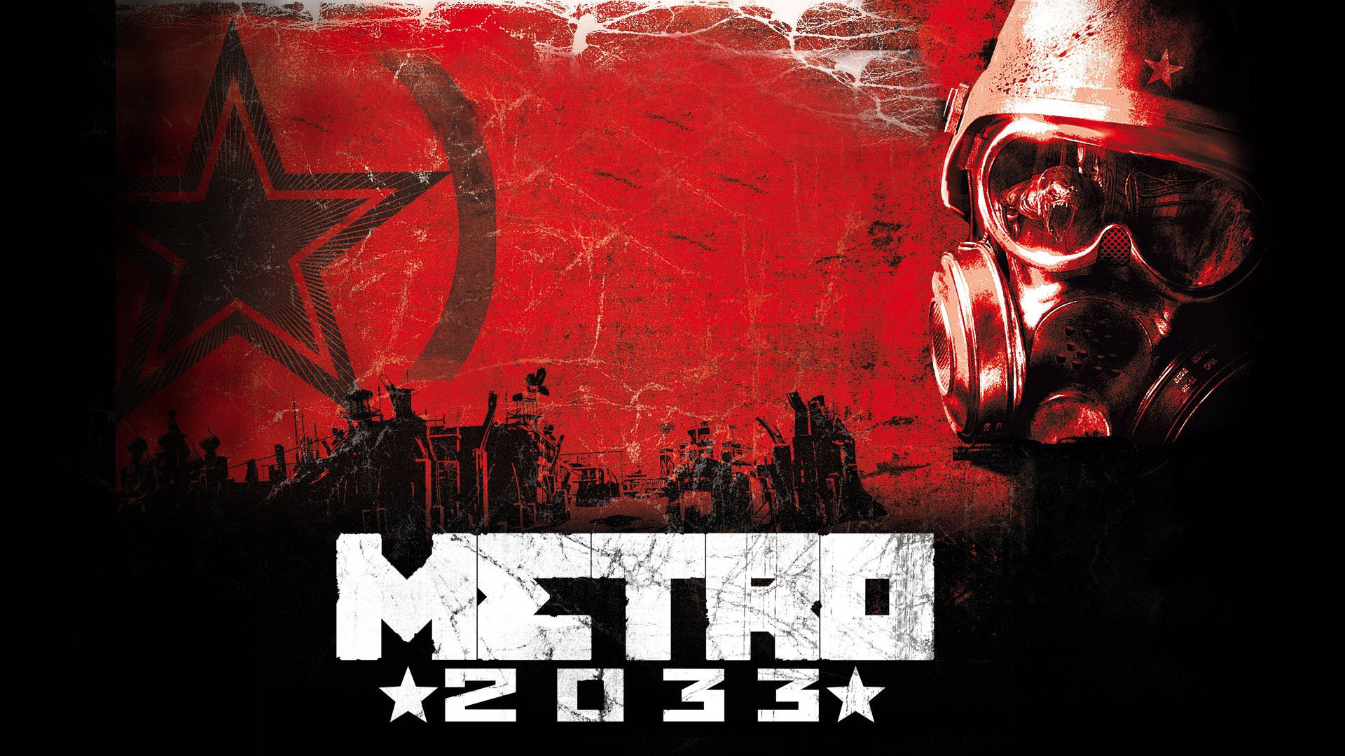Metro 2033, gas-masked figure, crumbling Soviet flag, Full HD Desktop Wallpaper