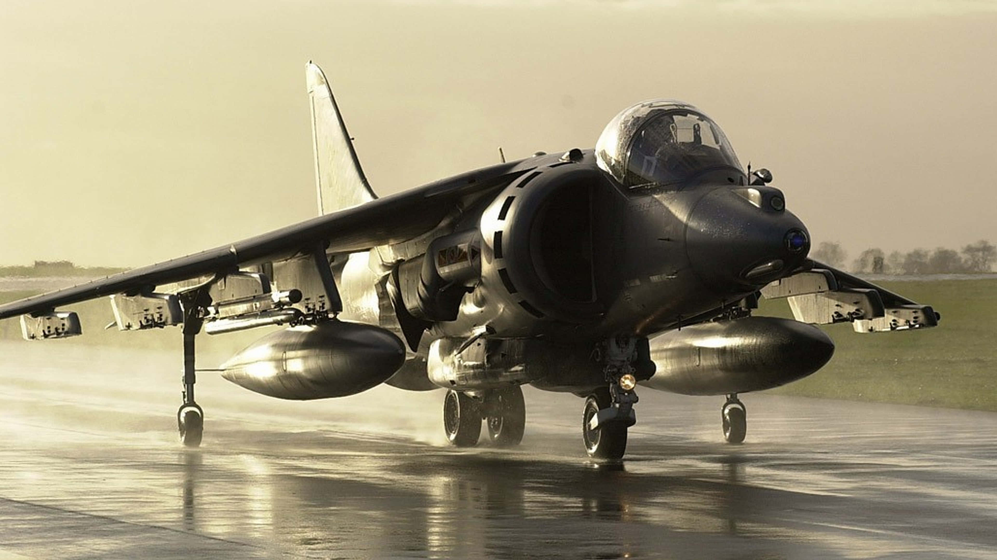 4K Military, dark military jet, wet runway, 4K Desktop Wallpaper