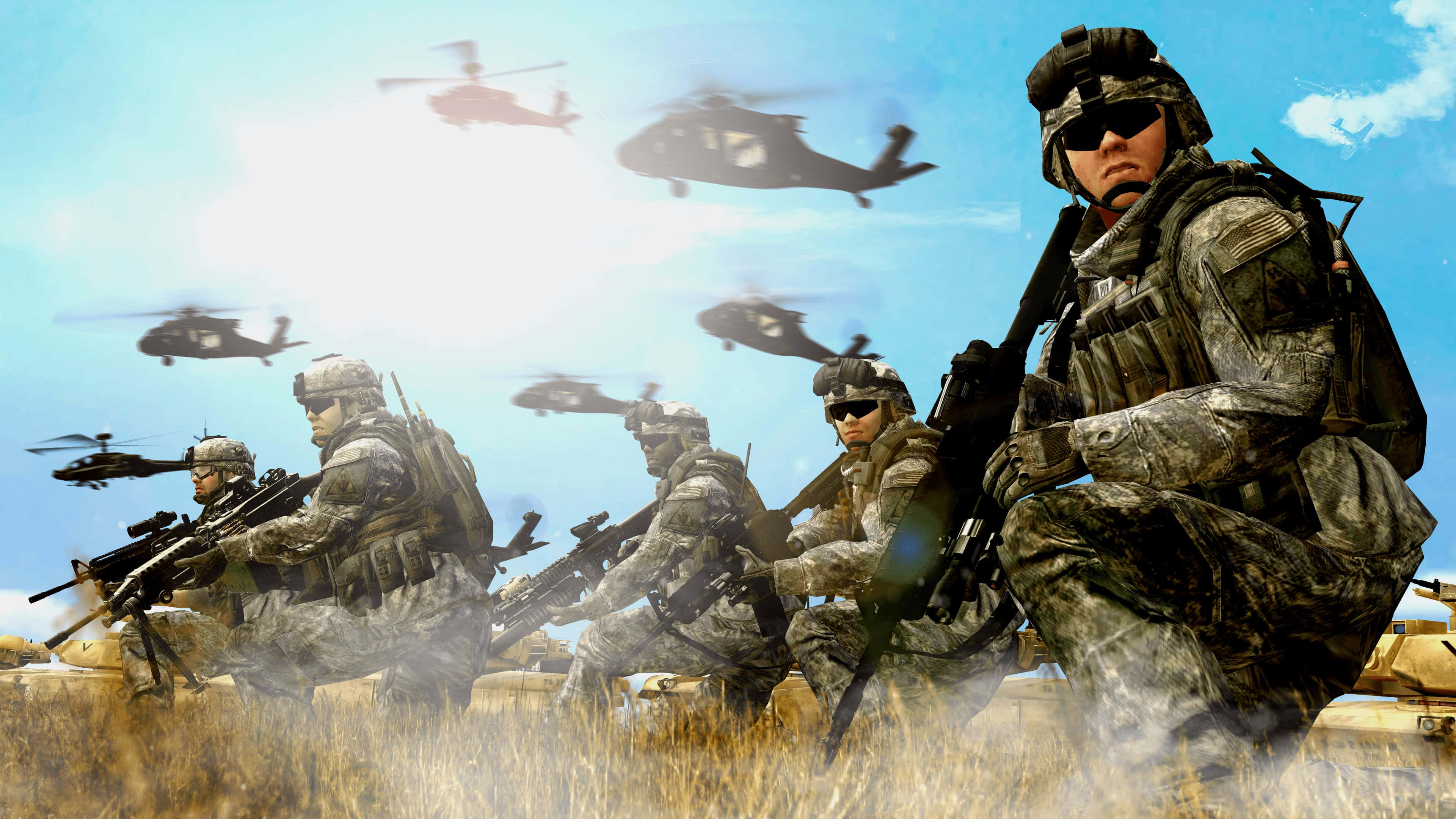 camouflage gear, helicopters, dry grass, 4K Desktop Wallpaper
