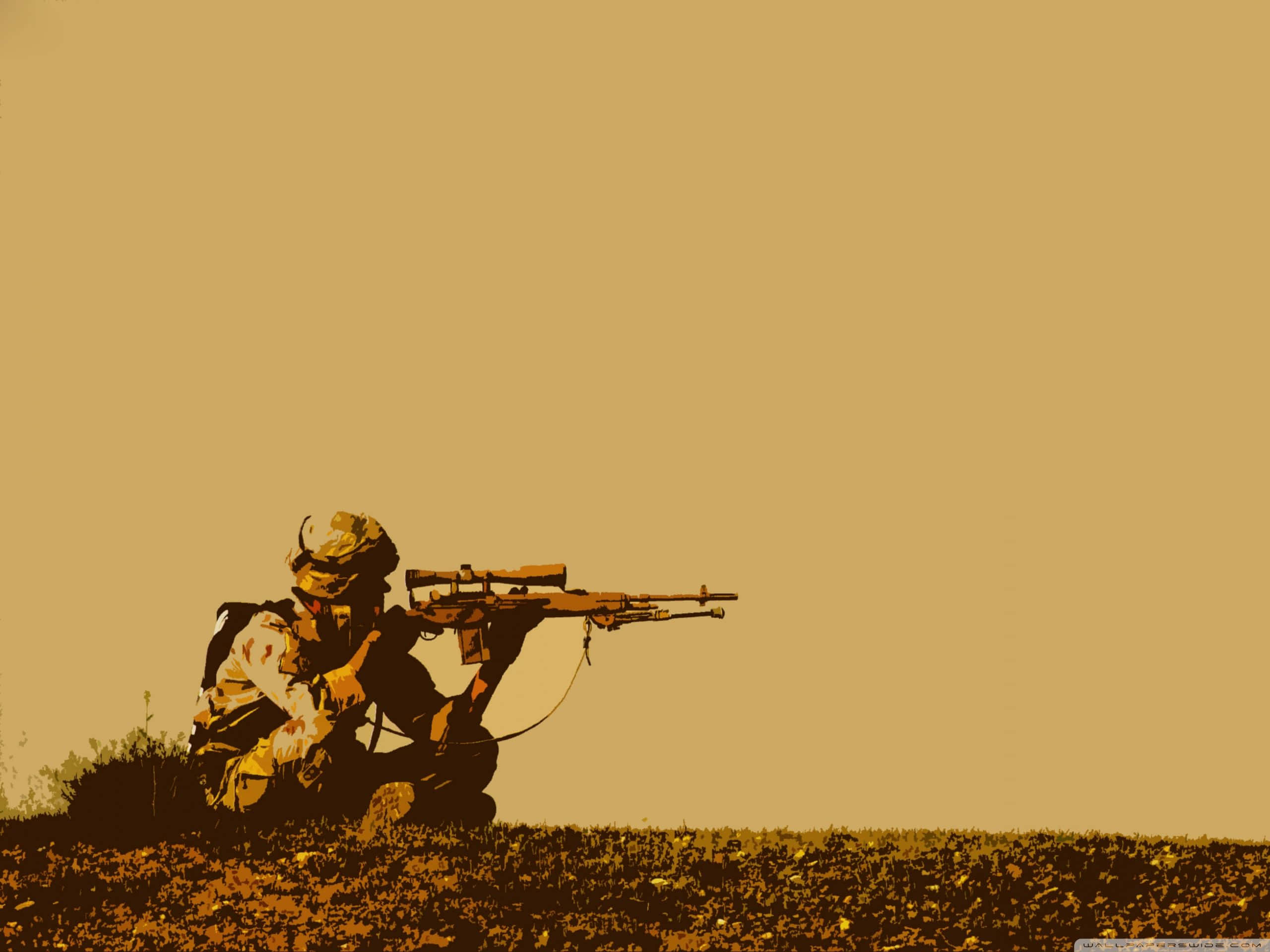 camouflage, sniper rifle, monochromatic sepia backdrop, 2K Desktop Wallpaper