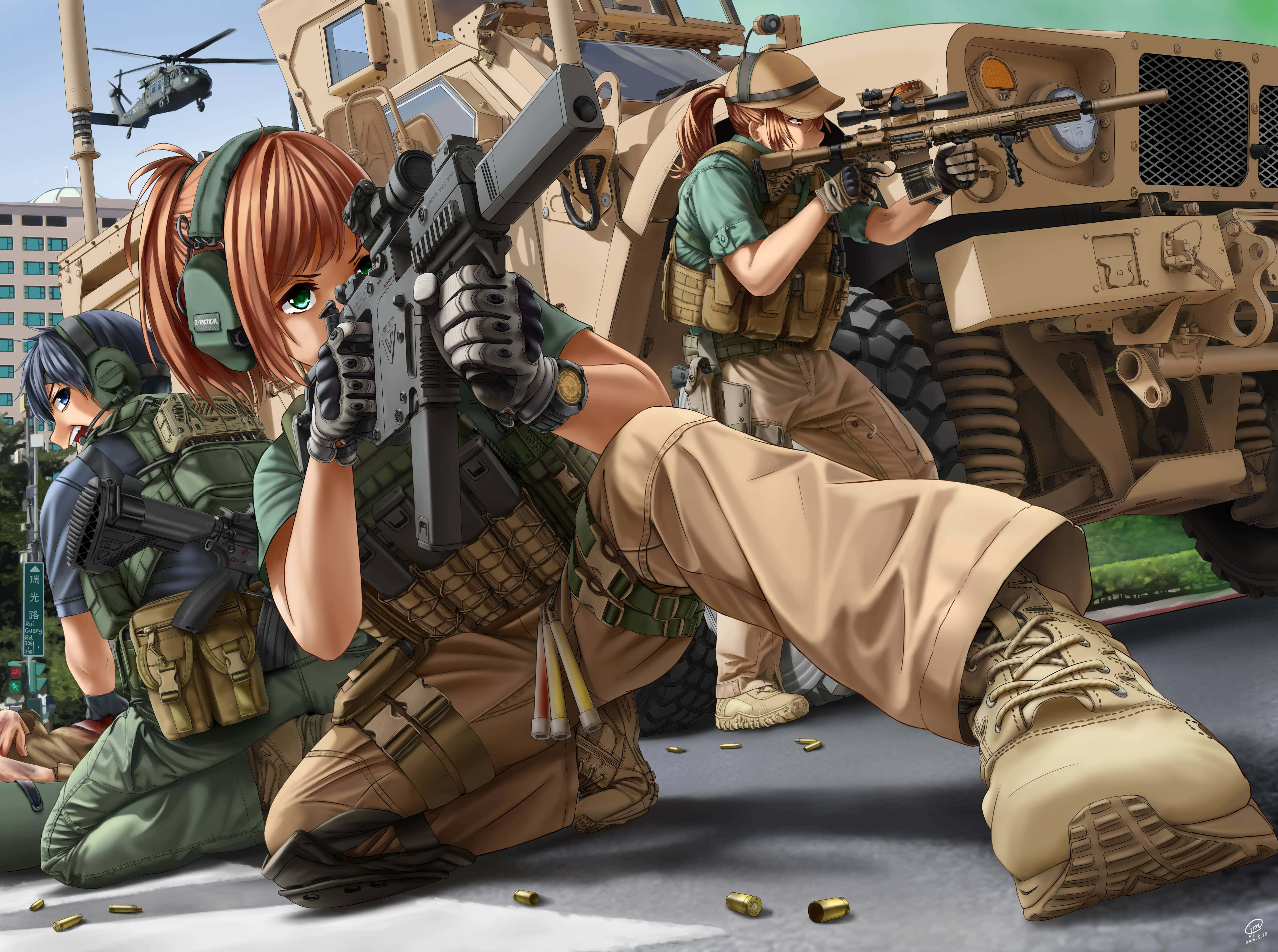 4K Military, anime-style female soldiers, combat gear, 4K Desktop Wallpaper