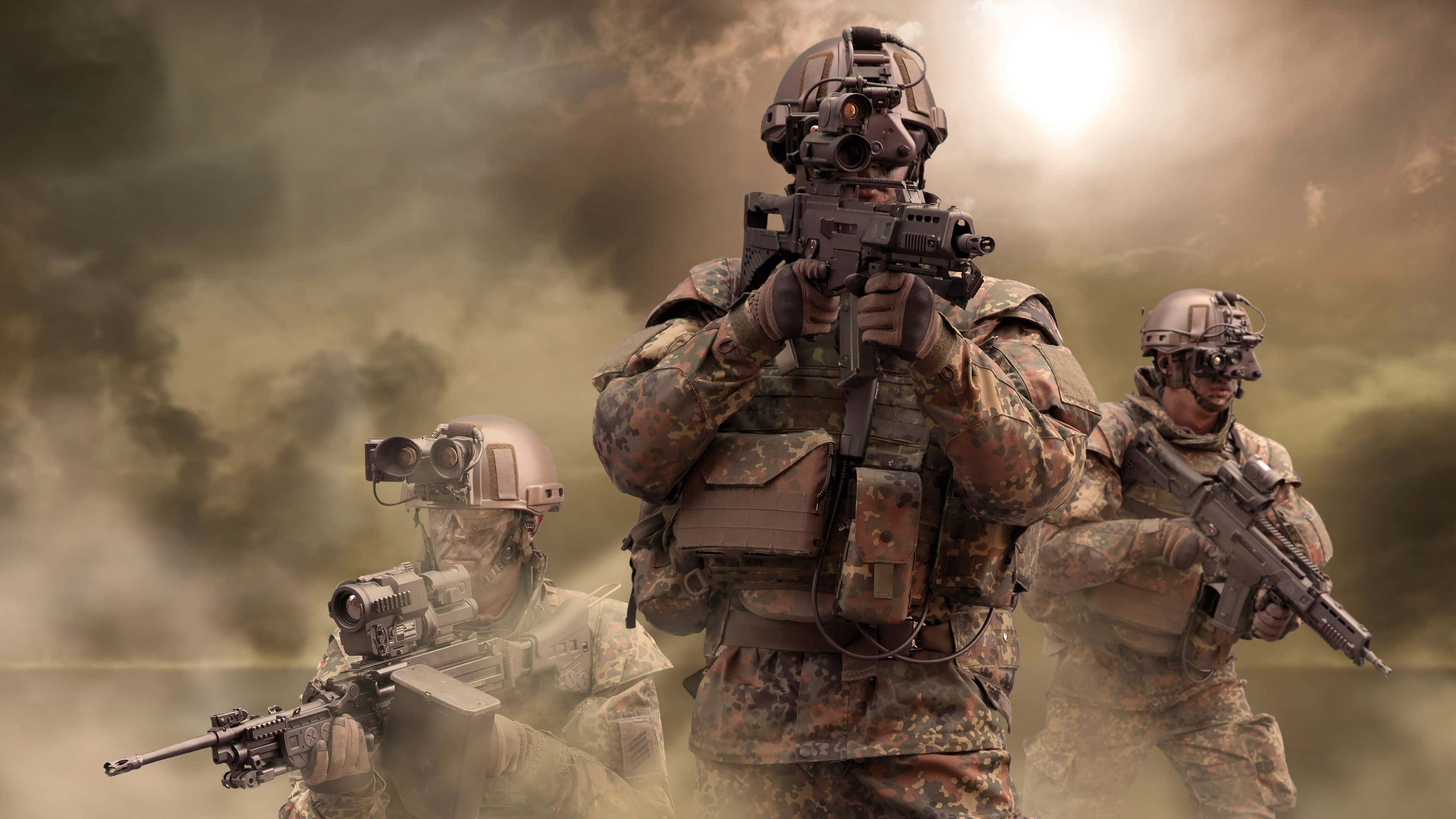 camouflage gear, rifles, smoky battlefield, 4K Desktop Wallpaper
