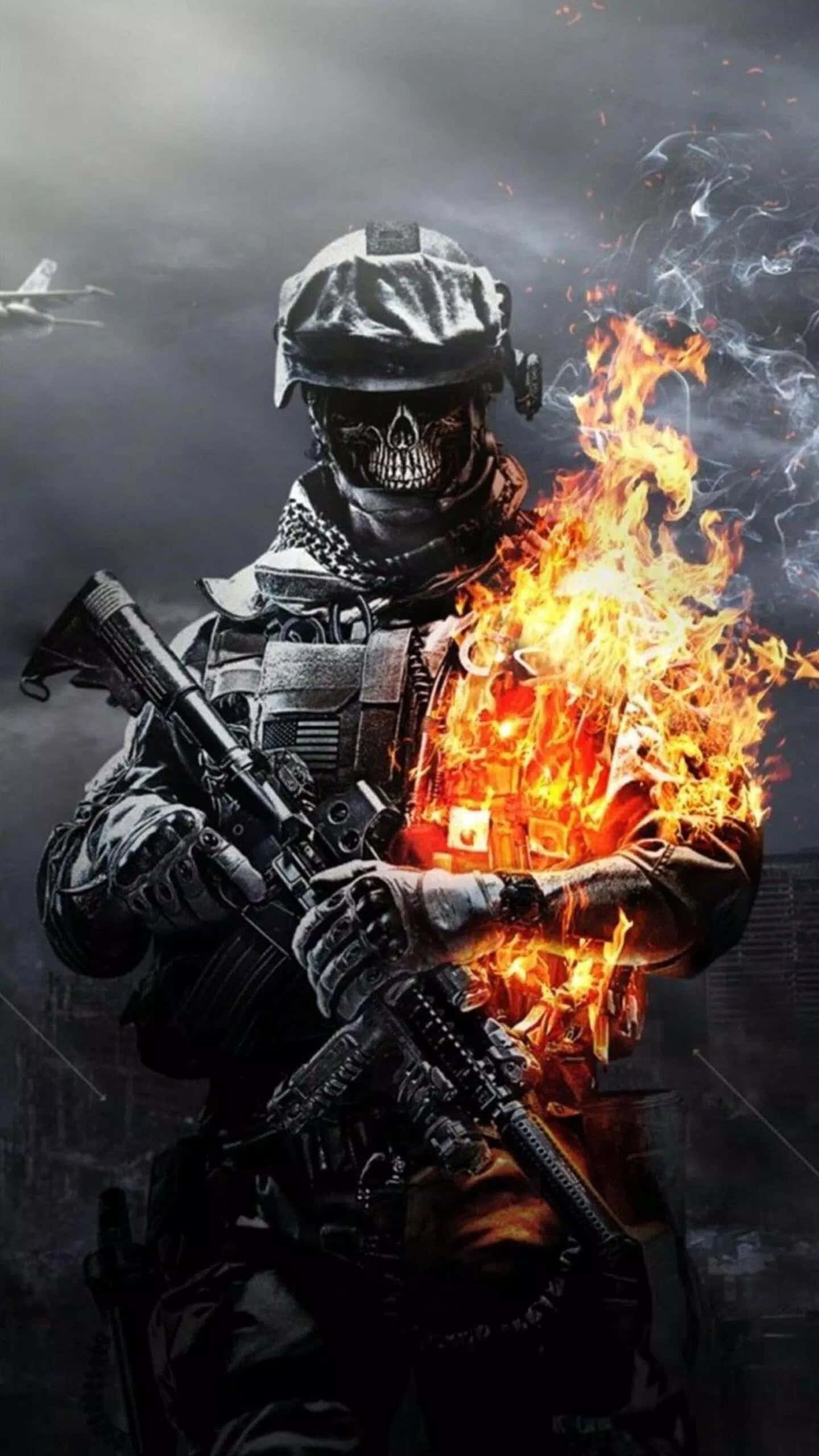 Infantry Squad, skull mask, burning torso, 2K Phone Wallpaper