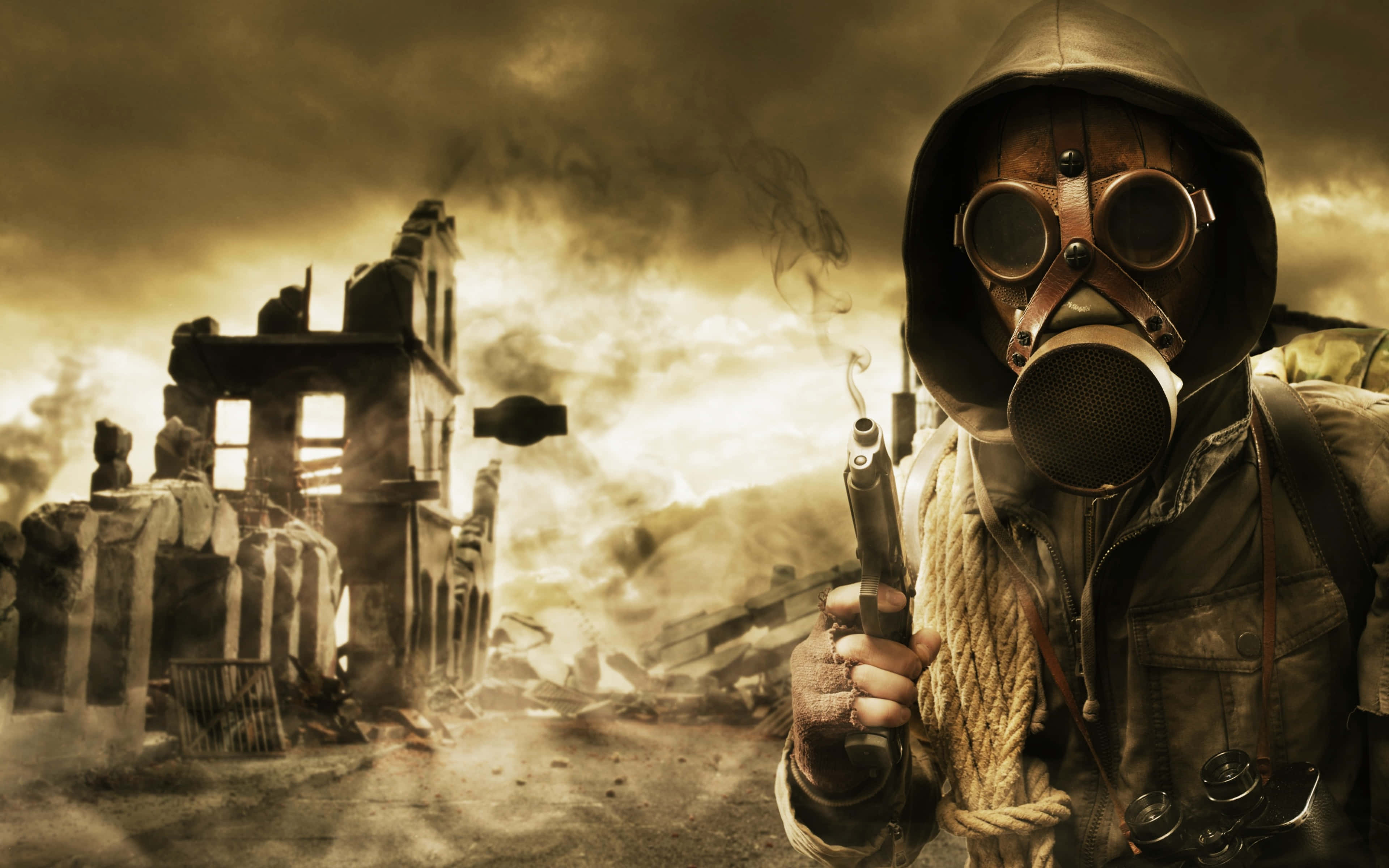 gas mask, hooded jacket, smoking pistol, 4K Desktop Wallpaper