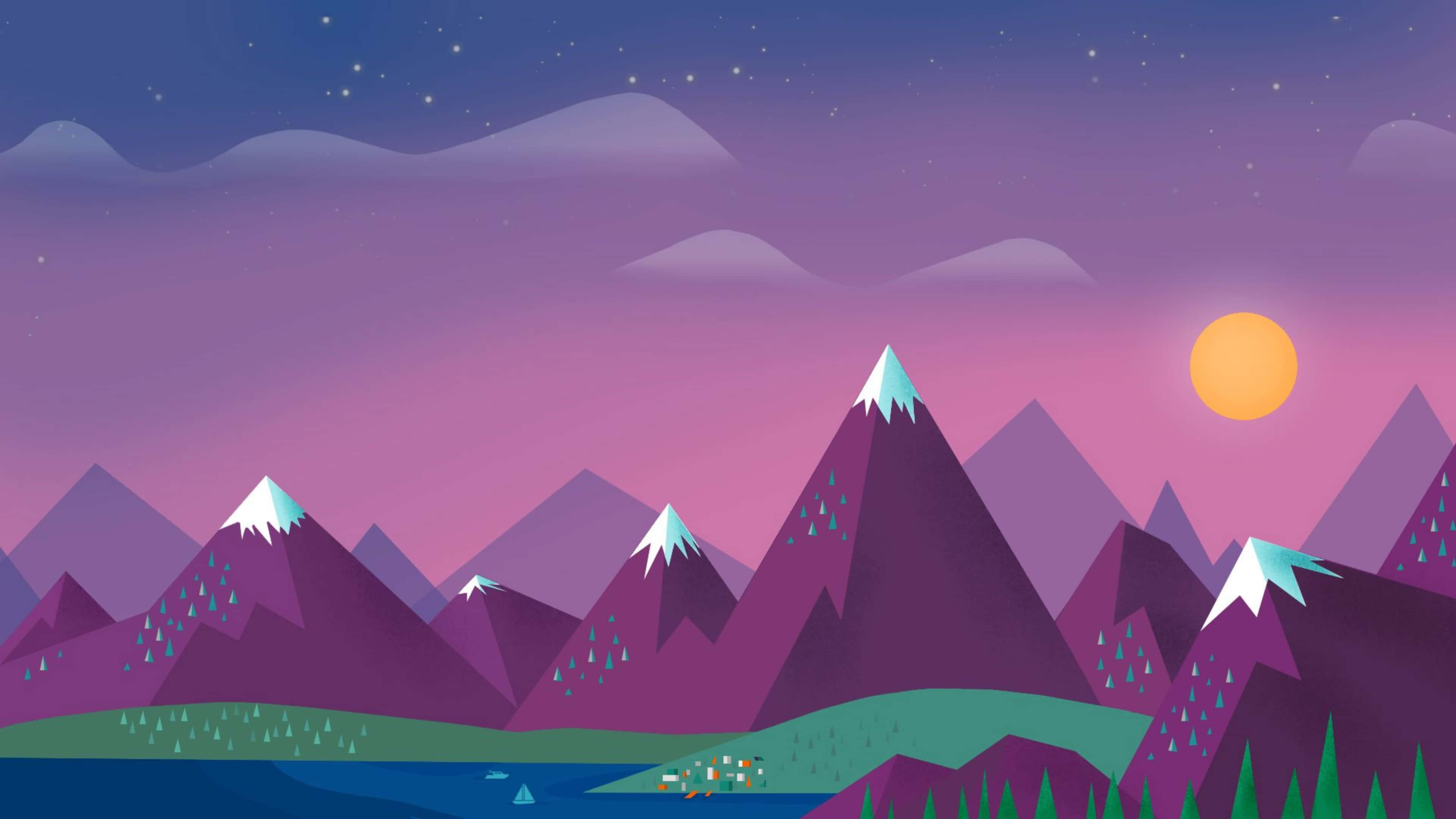 4K Minimal, purple mountain, snow caps, 4K Desktop Wallpaper