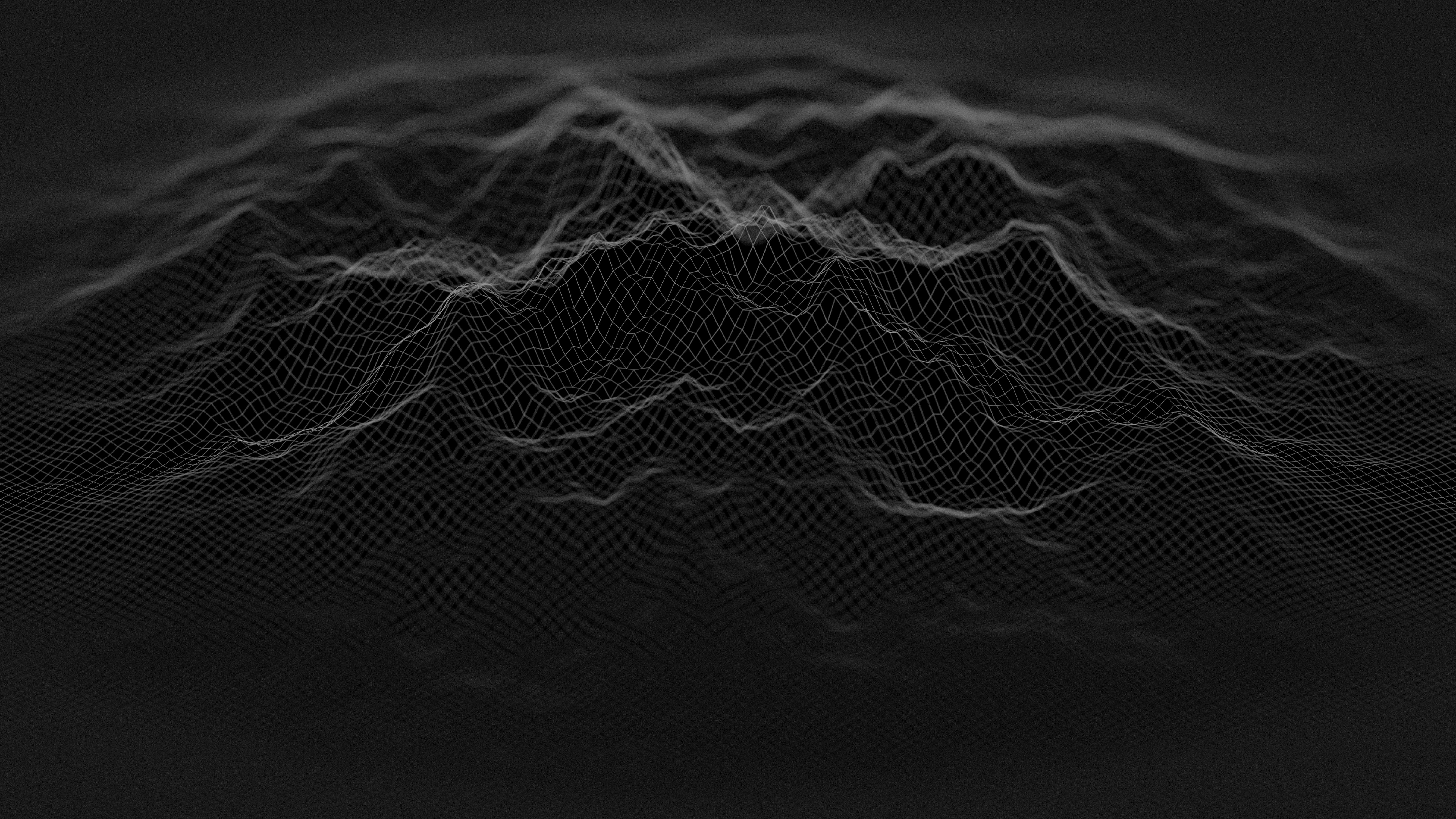 8K Minimalist, glowing white wireframe waves, dark background, 8K Desktop Wallpaper