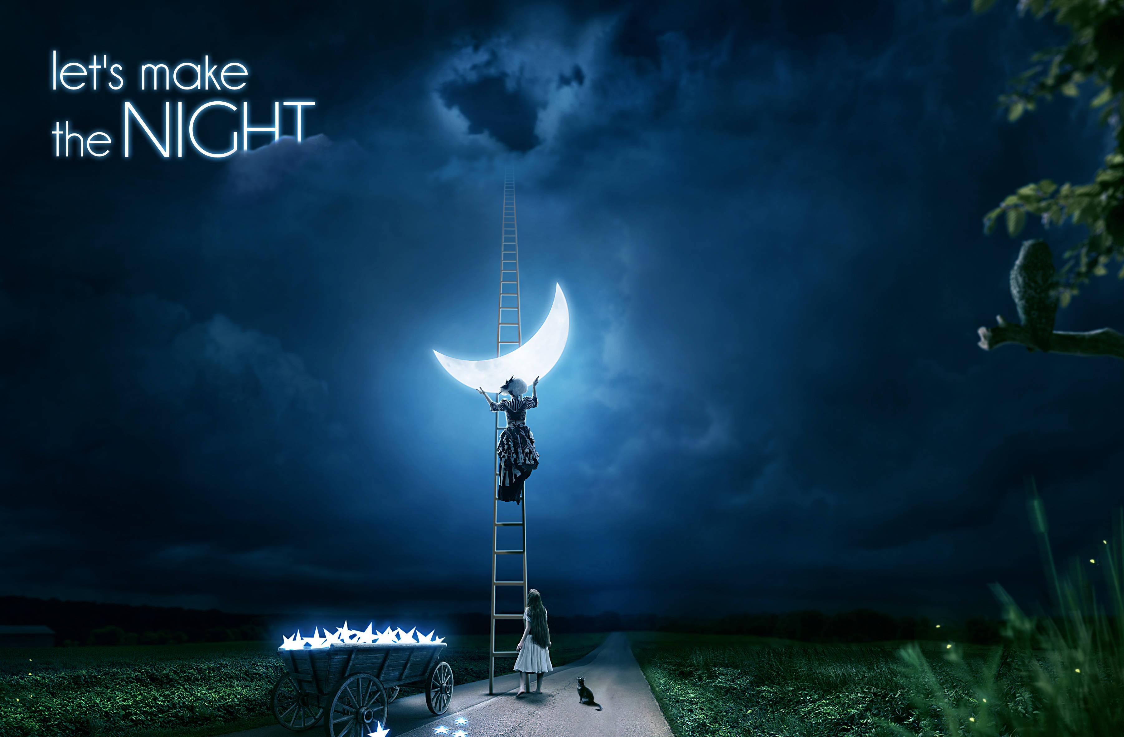 glowing crescent moon, dark night sky, child, 2K Desktop Wallpaper