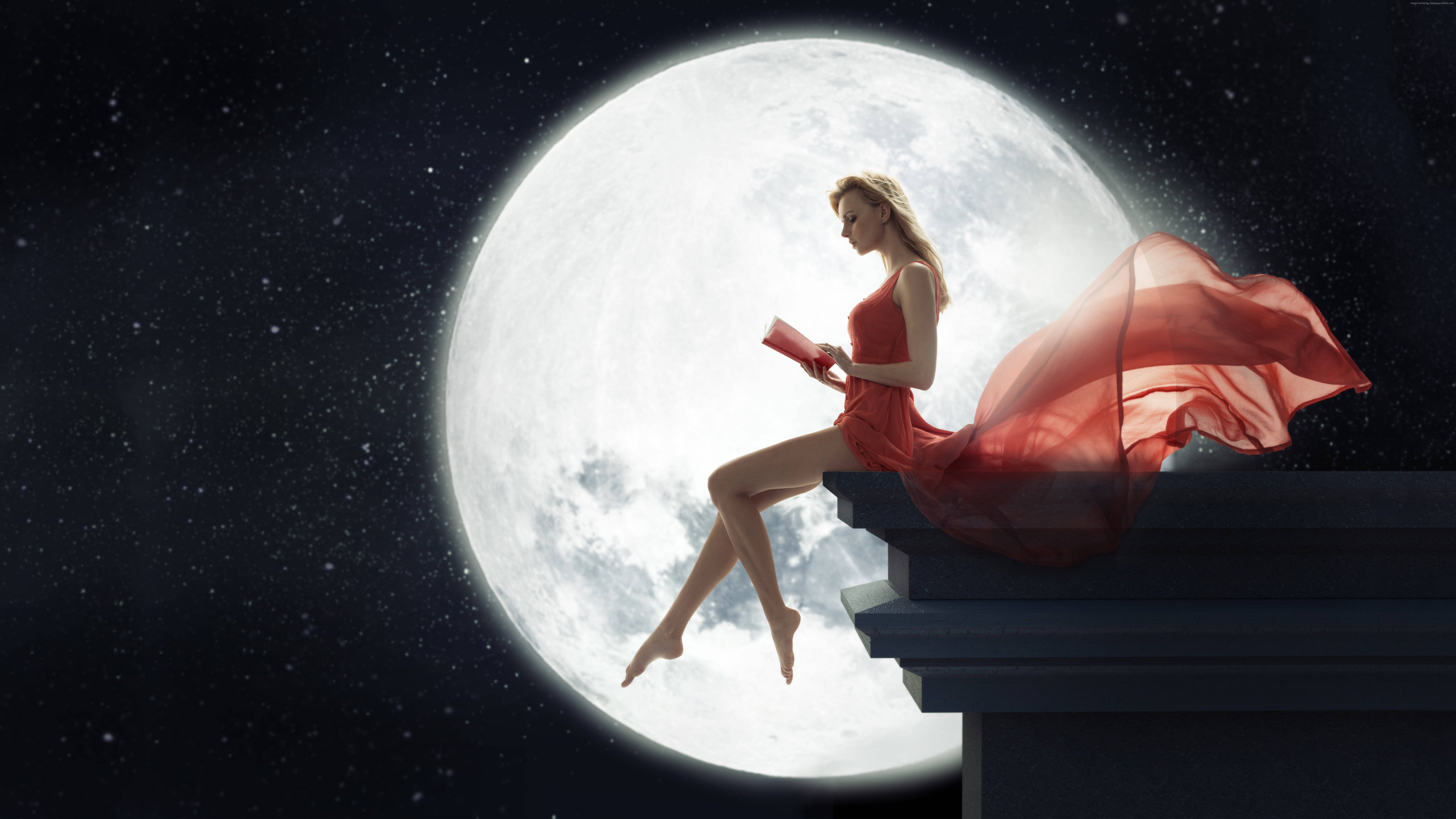 woman in red, rooftop, giant moon, 8K Desktop Wallpaper