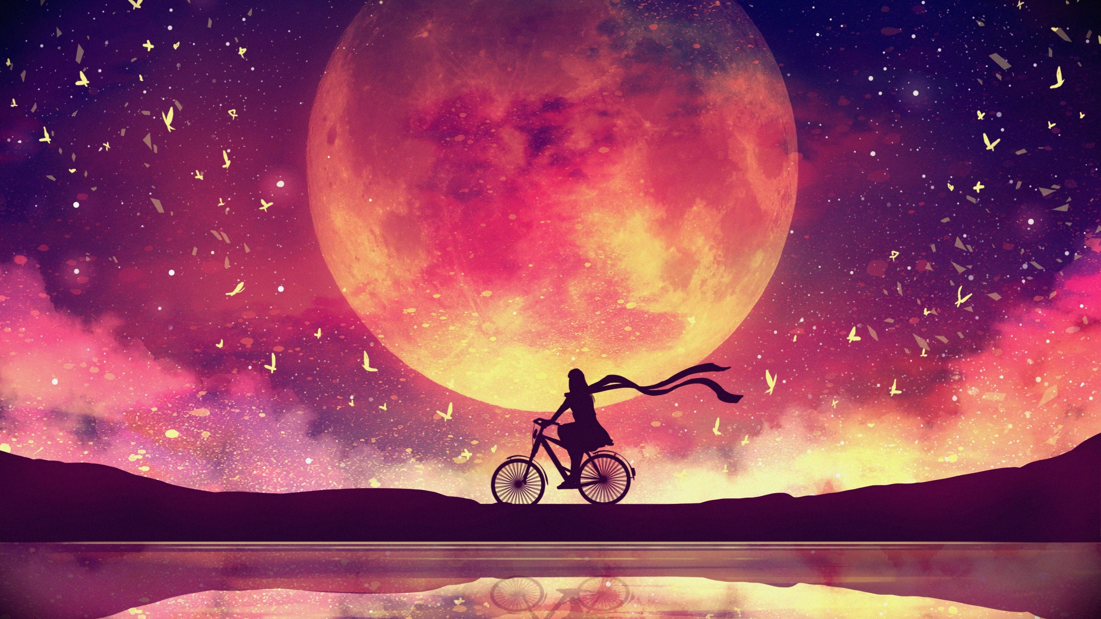 Moon 4K, biking girl, red aesthetic, 4K Desktop Wallpaper