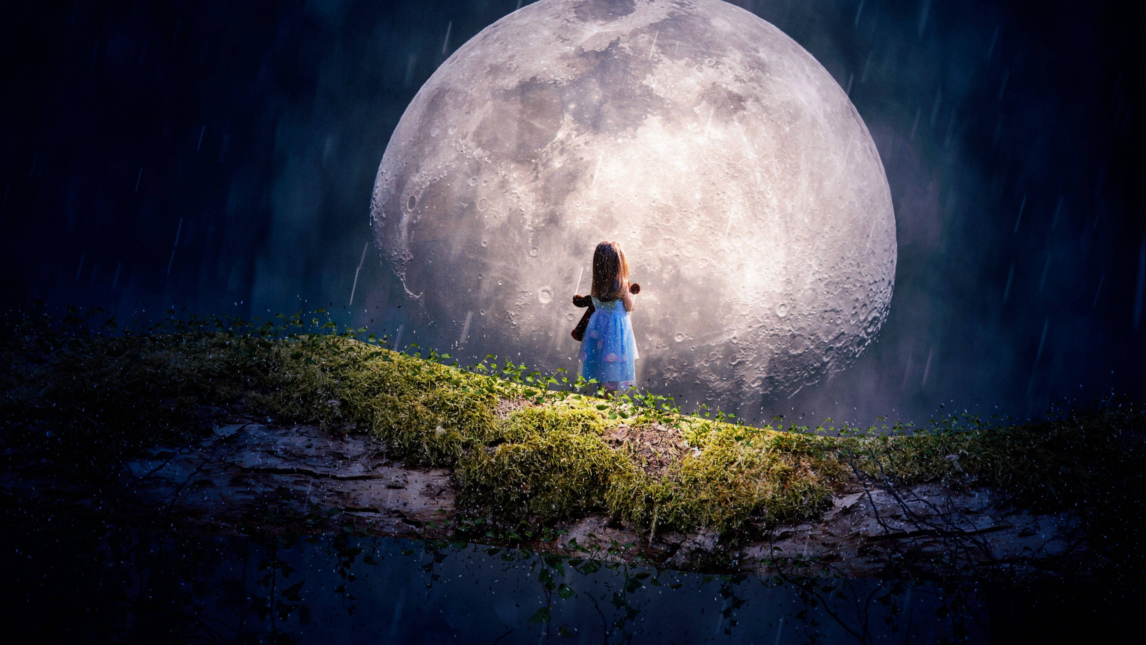 little girl, blue dress, mossy log, 4K Desktop Wallpaper