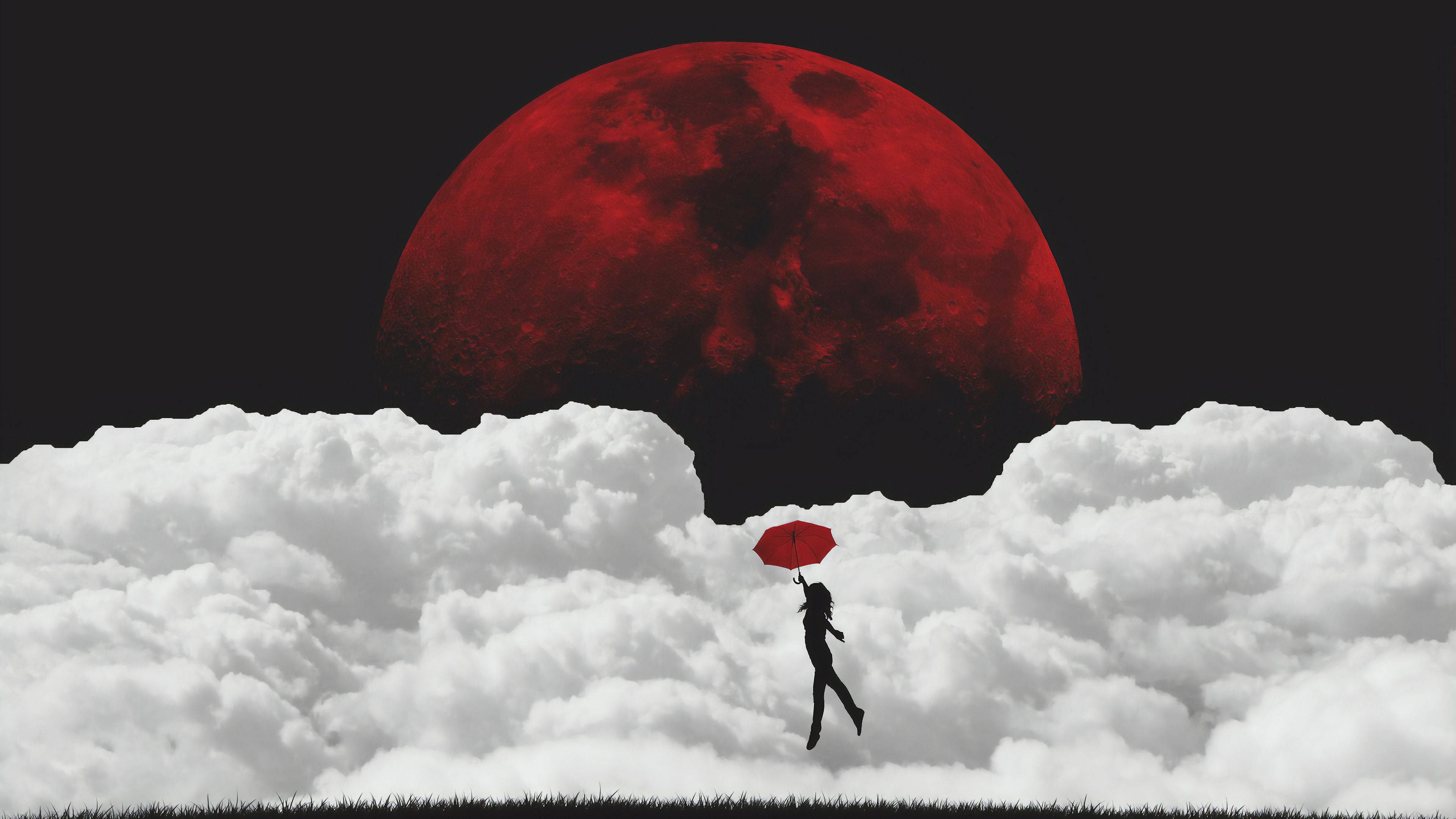 red umbrella, crimson moon, fluffy clouds, 4K Desktop Wallpaper