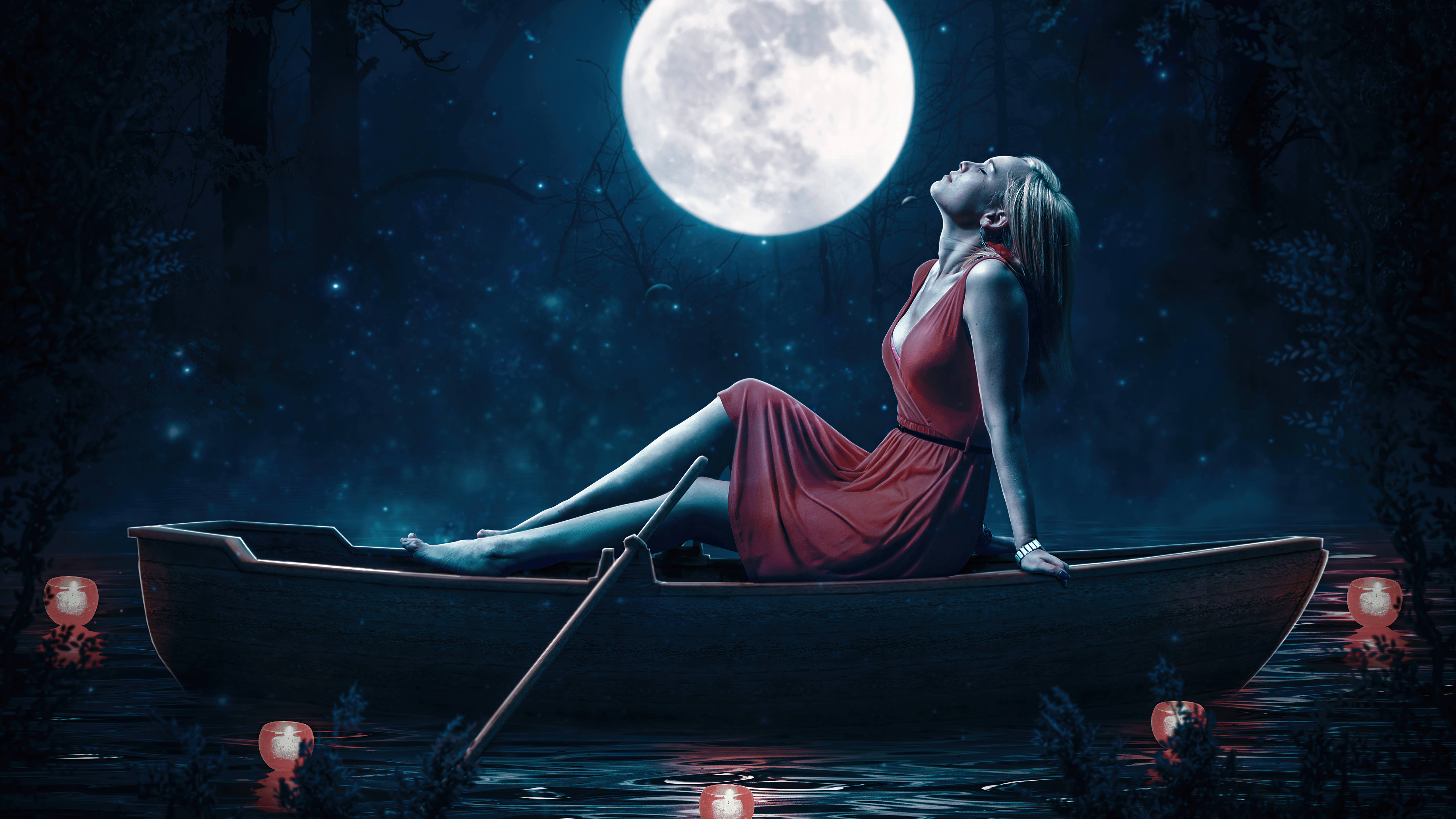woman, red dress, canoe, 5K Desktop Wallpaper