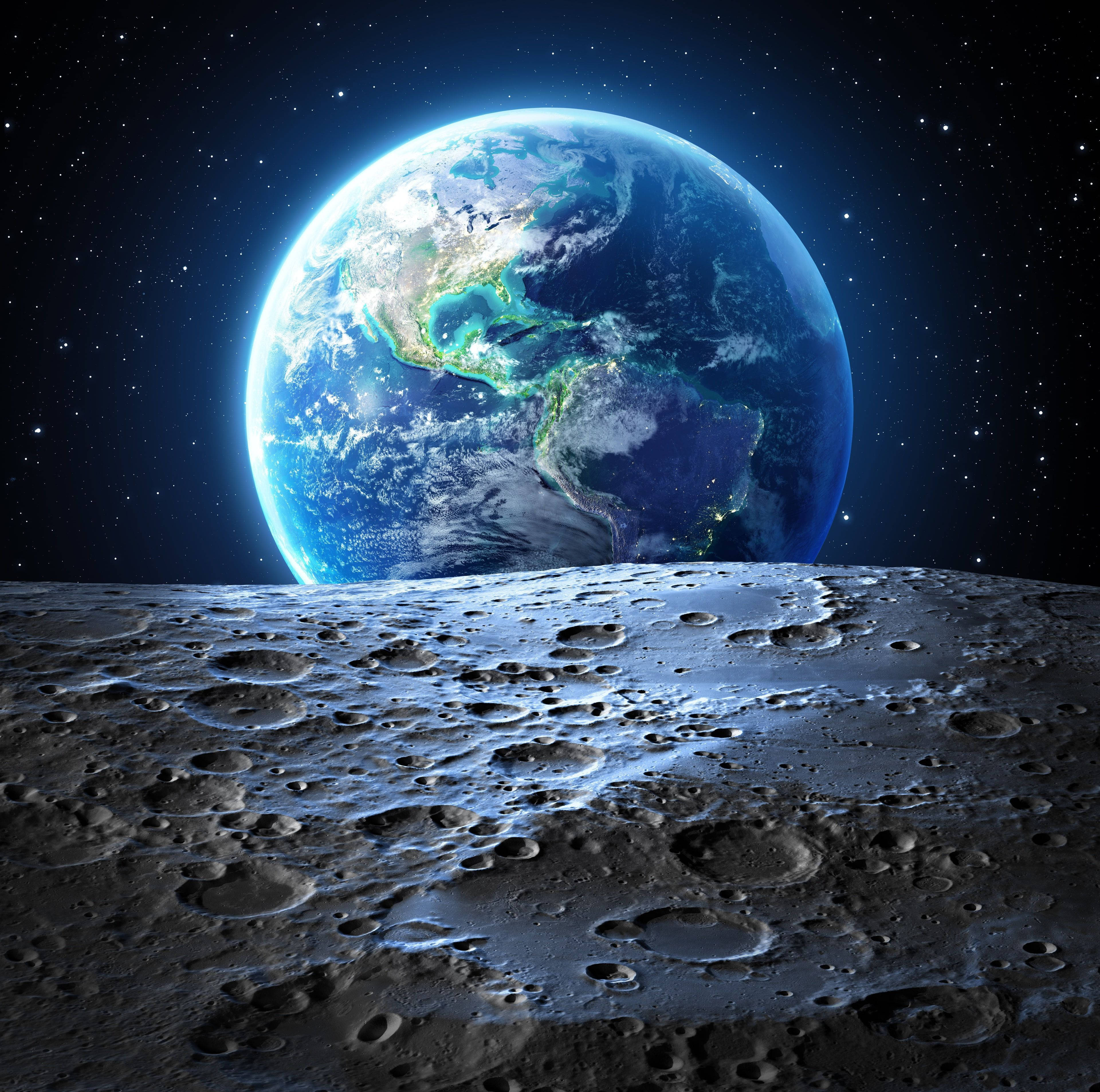 Moon, Earth, cratered lunar surface, 4K Desktop Wallpaper