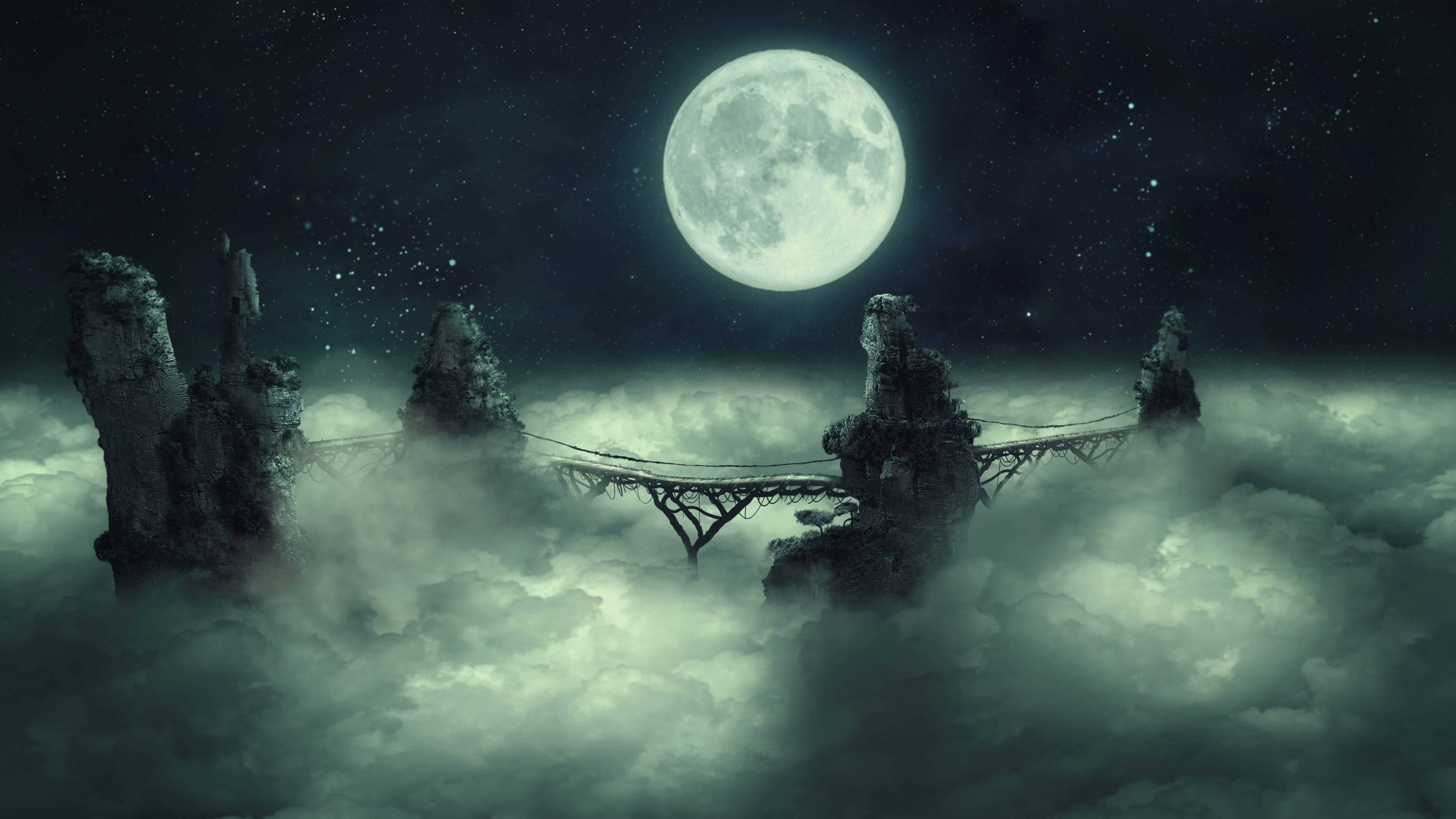 moonlit suspension bridge, misty clouds, jagged rock formations, 5K Desktop Wallpaper