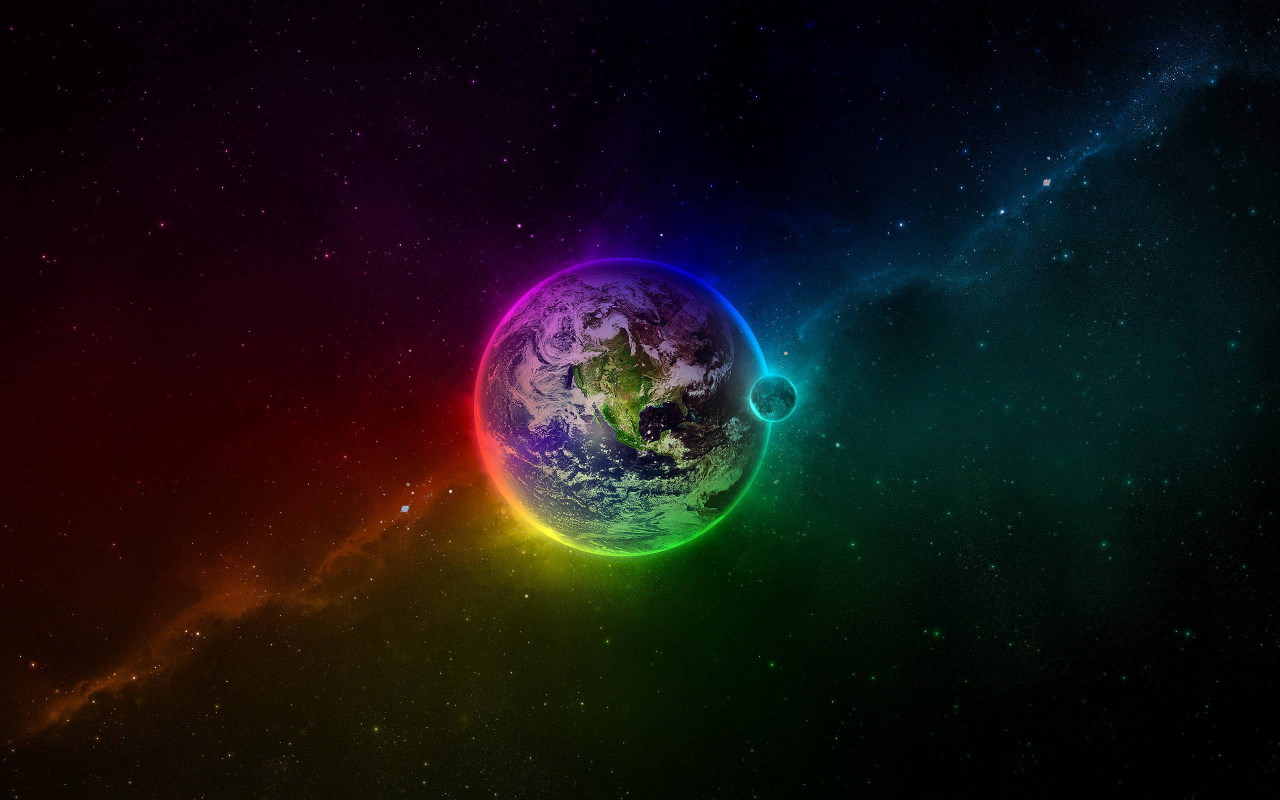 Earth, rainbow aura, starry cosmic backdrop, 2K Desktop Wallpaper