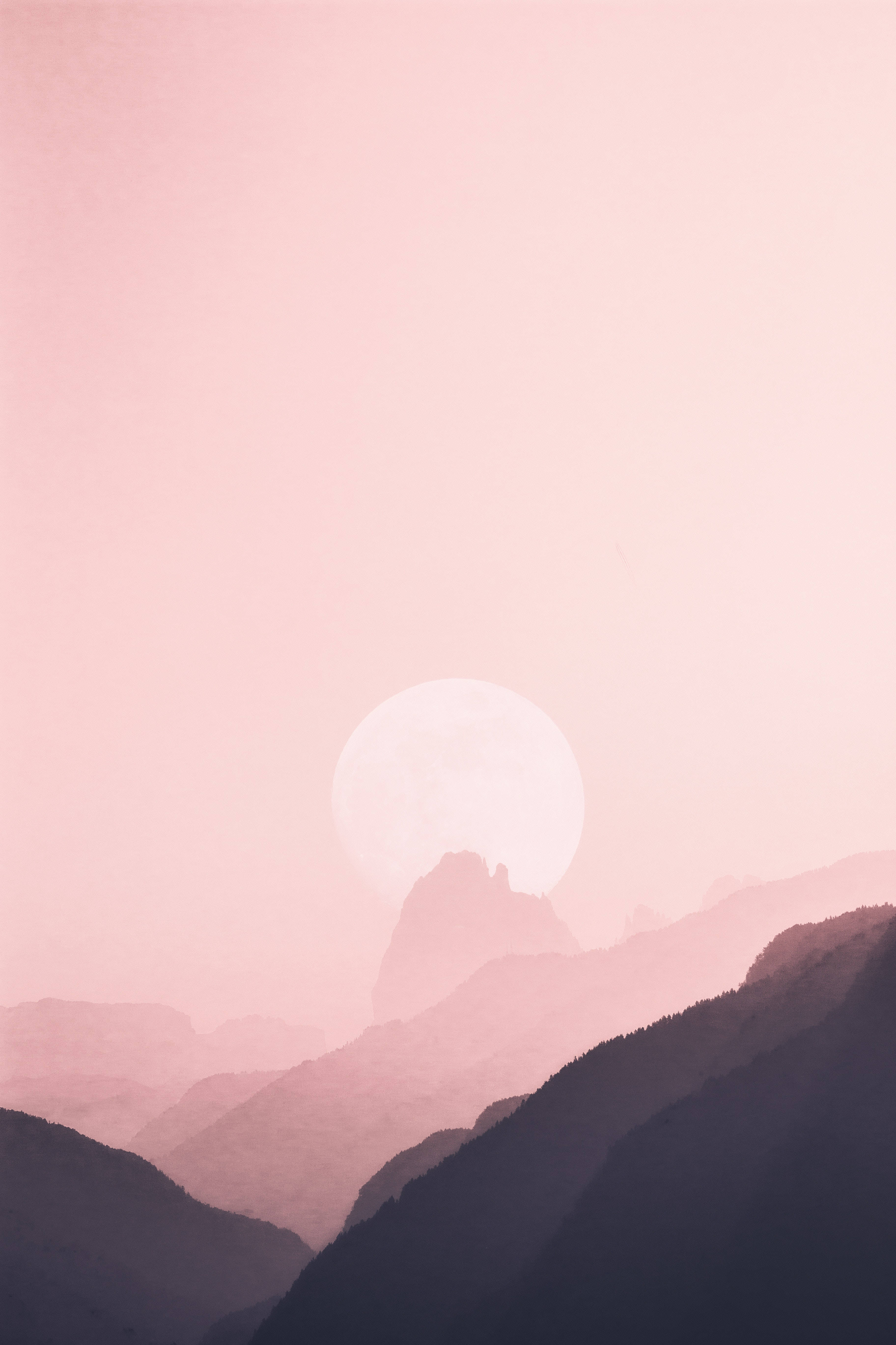 pastel 4k pink moon, serene mountain range, soft pink hues, 5K Phone Wallpaper