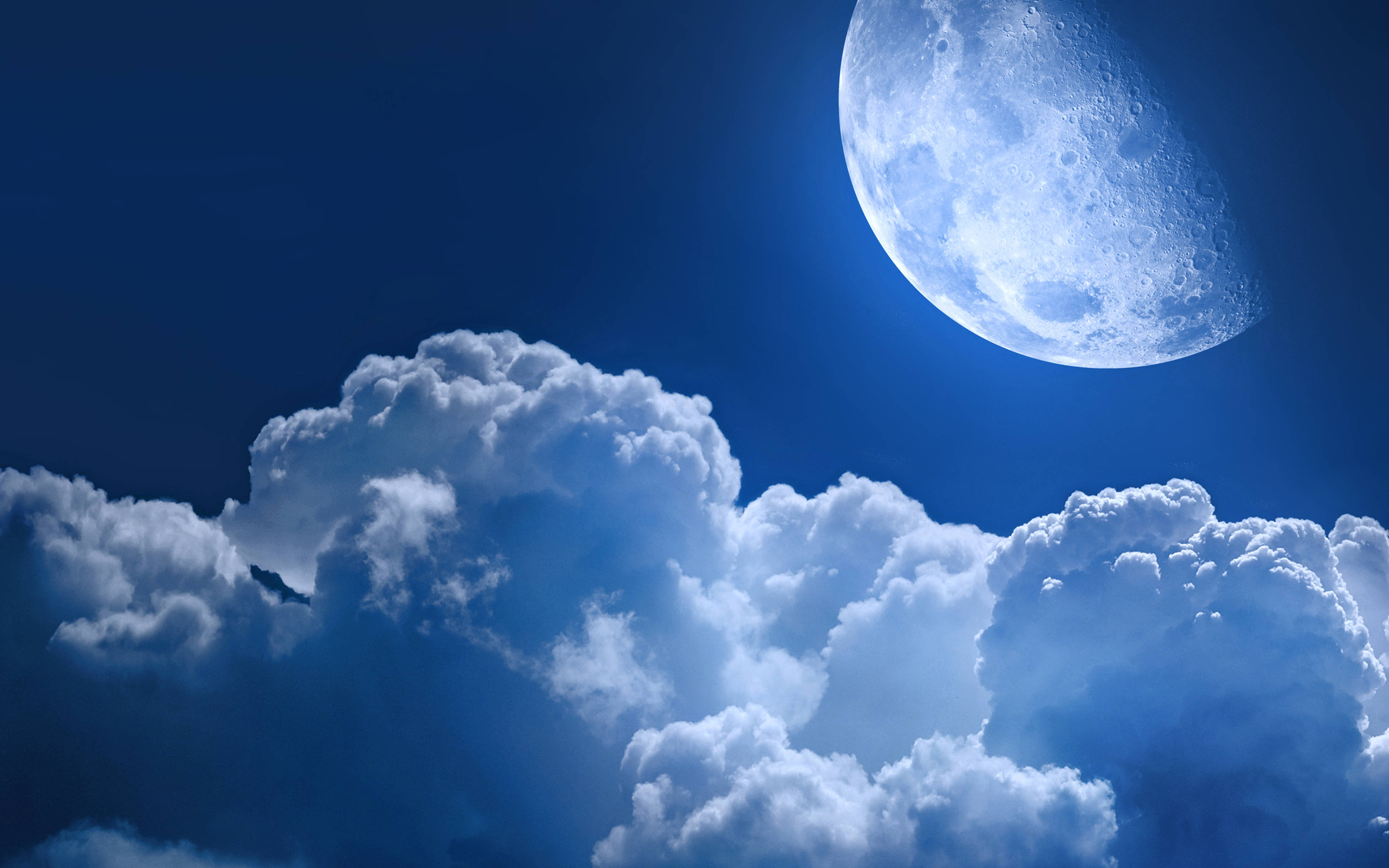 crescent moon, dramatic sky, fluffy white clouds, 4K Desktop Wallpaper