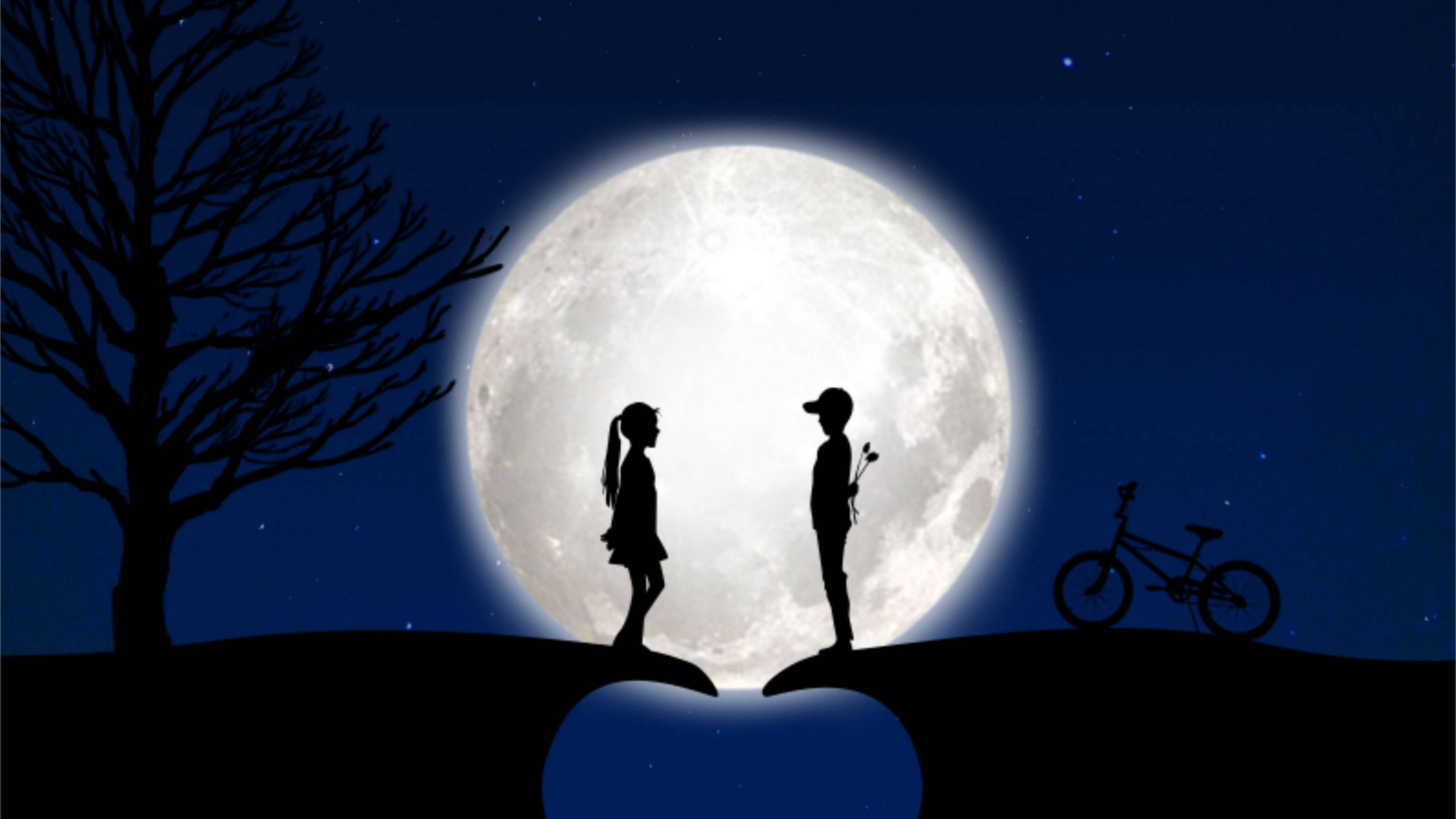 full moon, silhouetted couple, hill, 4K Desktop Wallpaper
