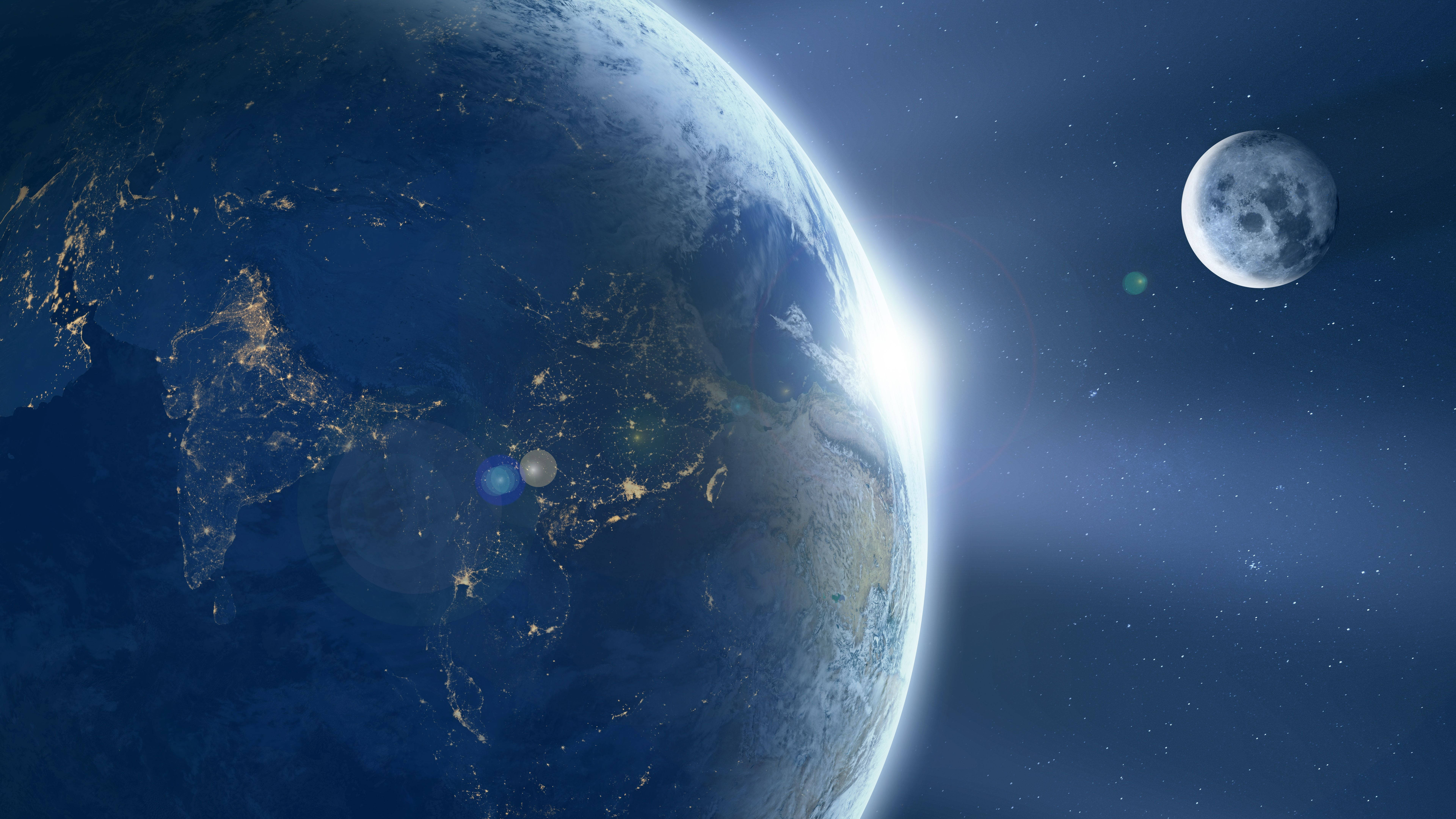 Earth, Moon, city lights, 8K Desktop Wallpaper