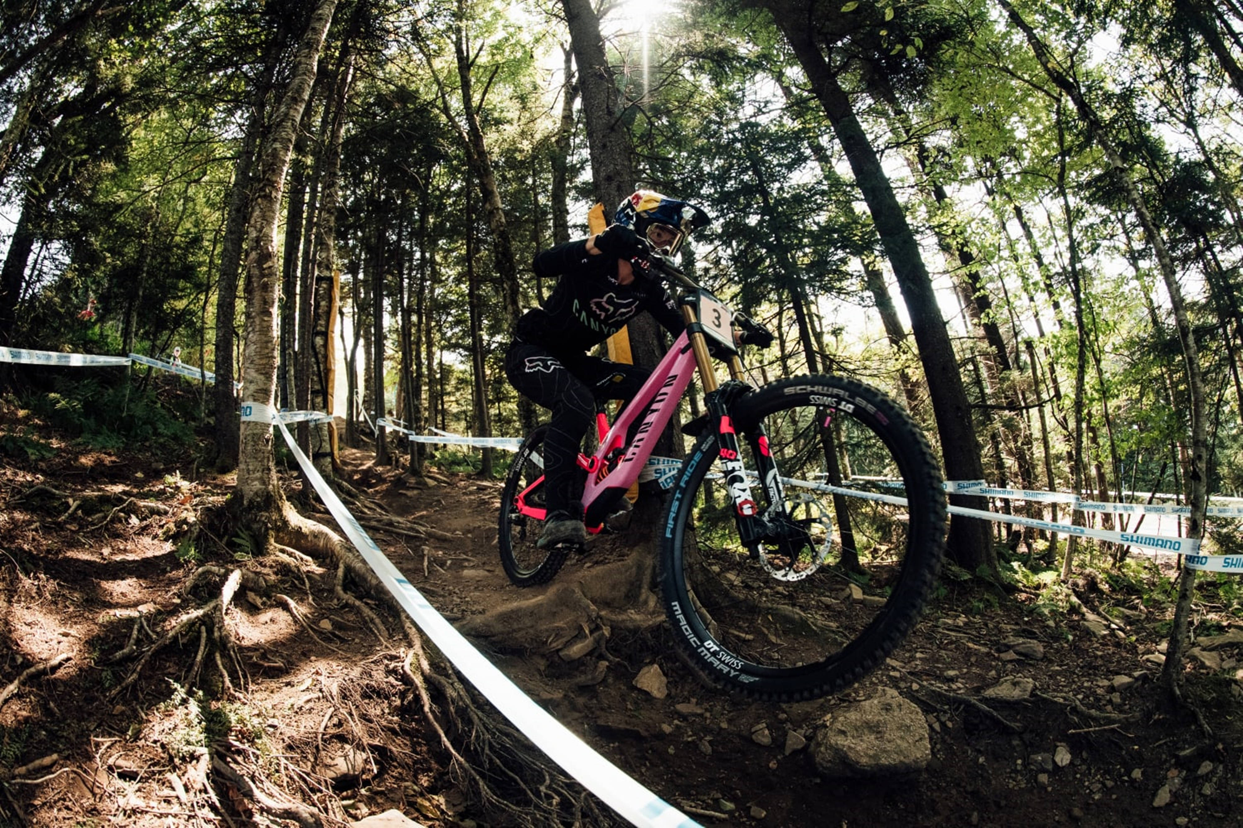 bumpy 4k mountain bike trail fish eye effect, pink bike, black gear and helmet, 4K Desktop Wallpaper