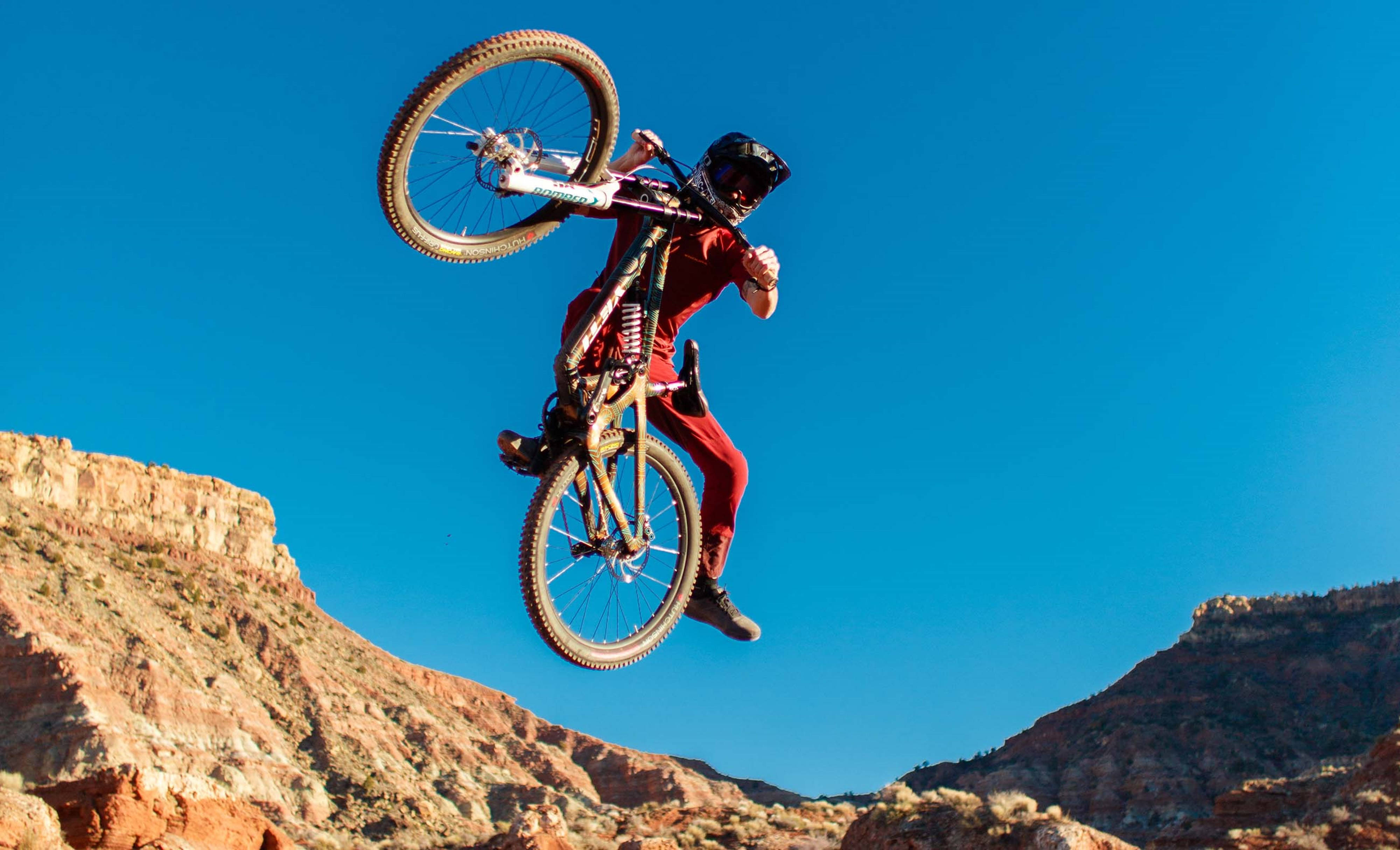 4K mountain bike, red gear, backflip, 4K Desktop Wallpaper