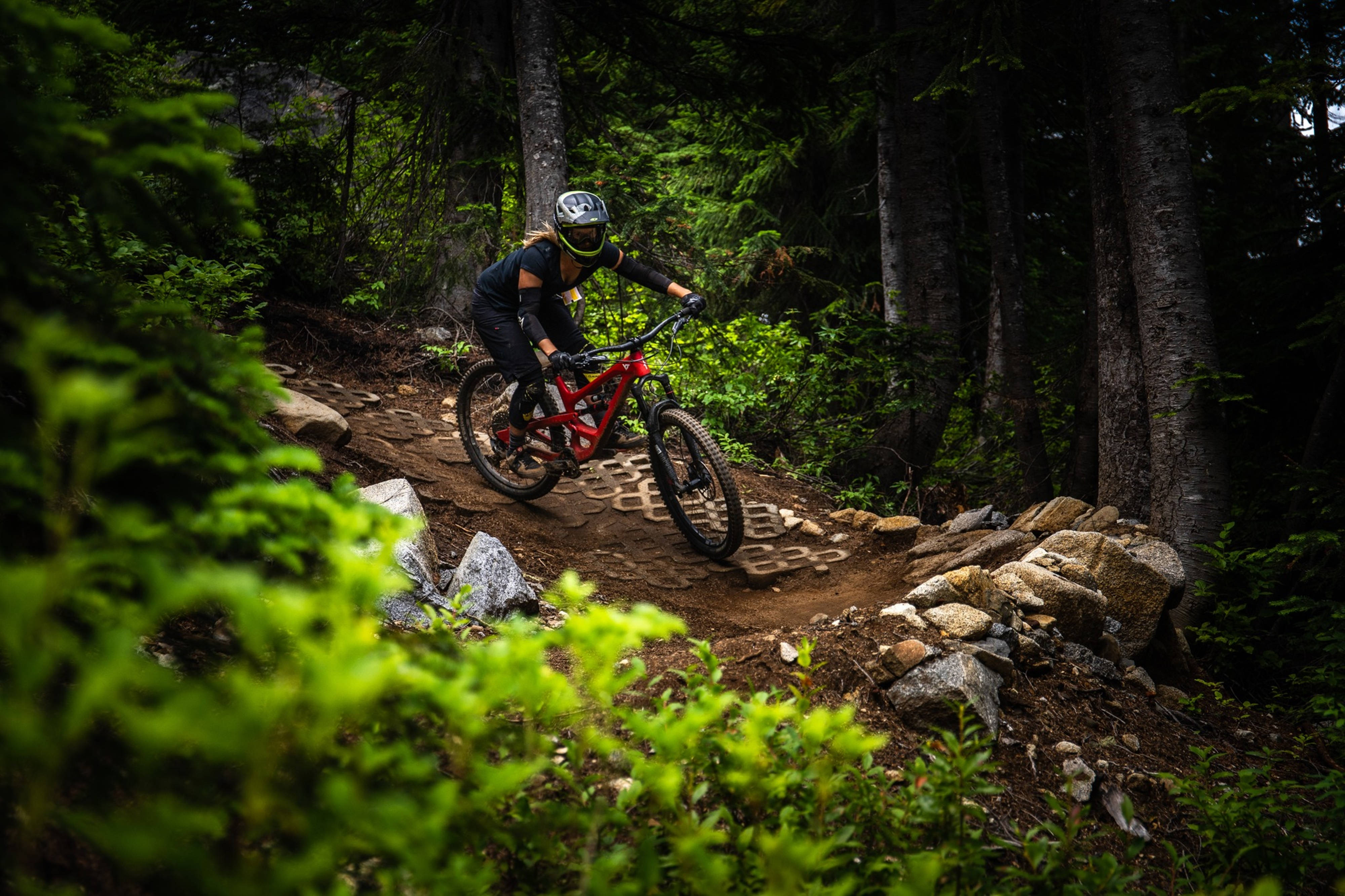 4K Mountain Bike, red bike, dense green forest trail, 4K Desktop Wallpaper