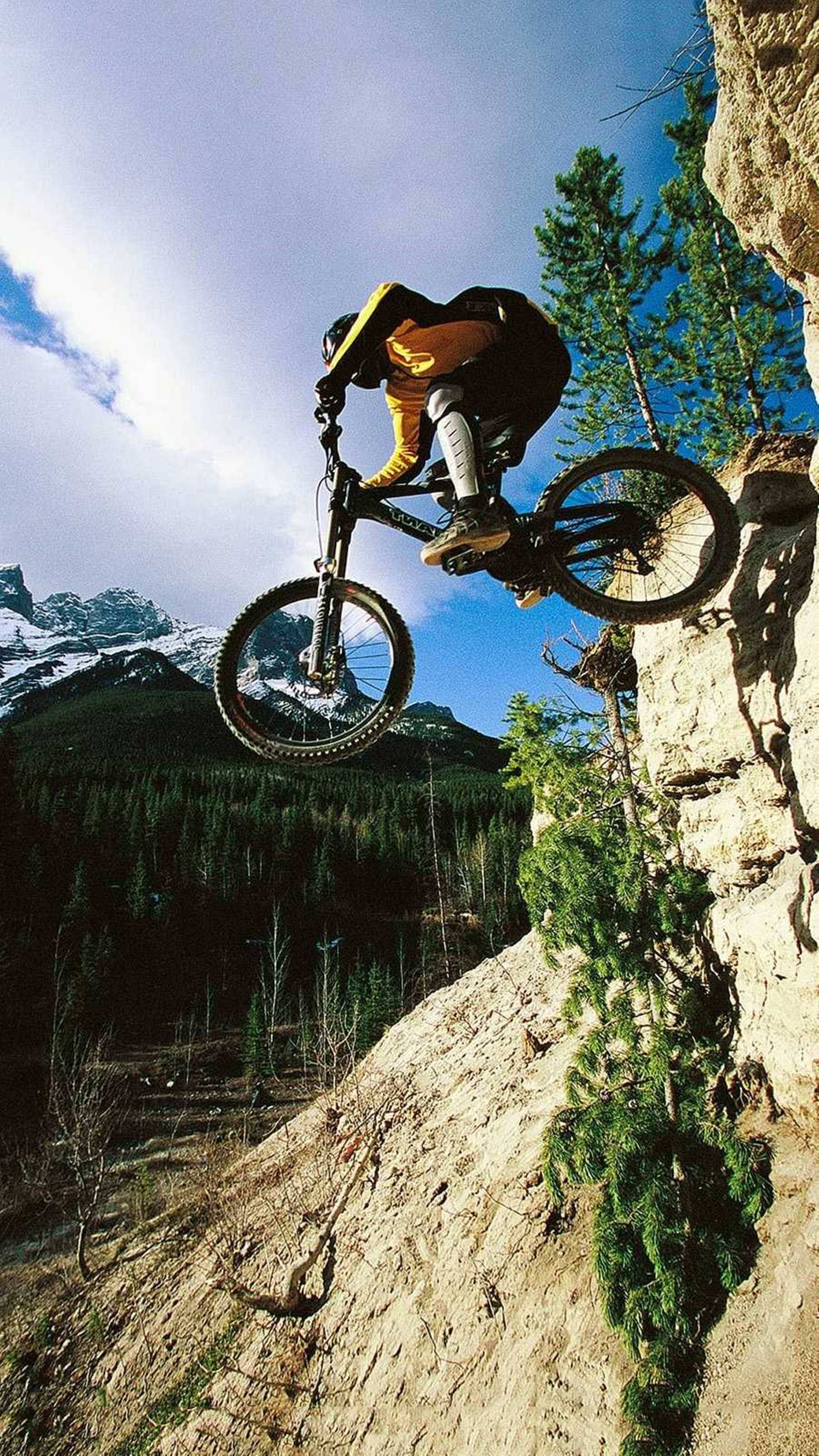 4K Mountain Bike, progressive trail, snow-capped peaks, 5K Phone Wallpaper