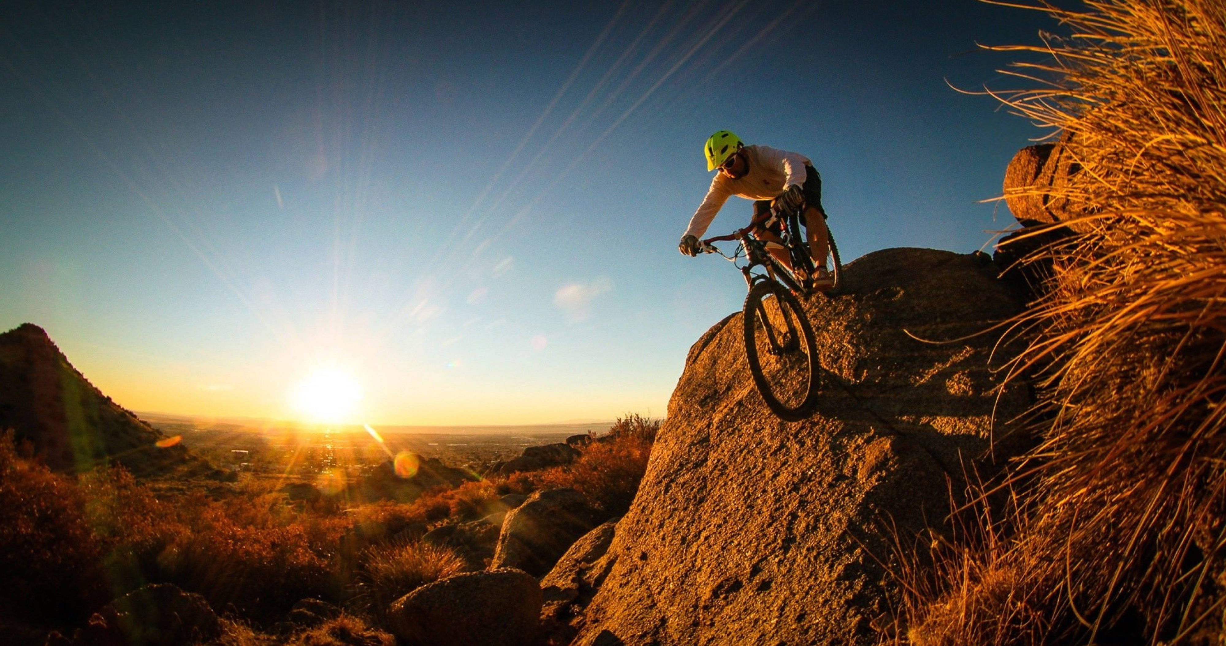 4K Mountain Bike, sunset, rocky trail, 4K Desktop Wallpaper