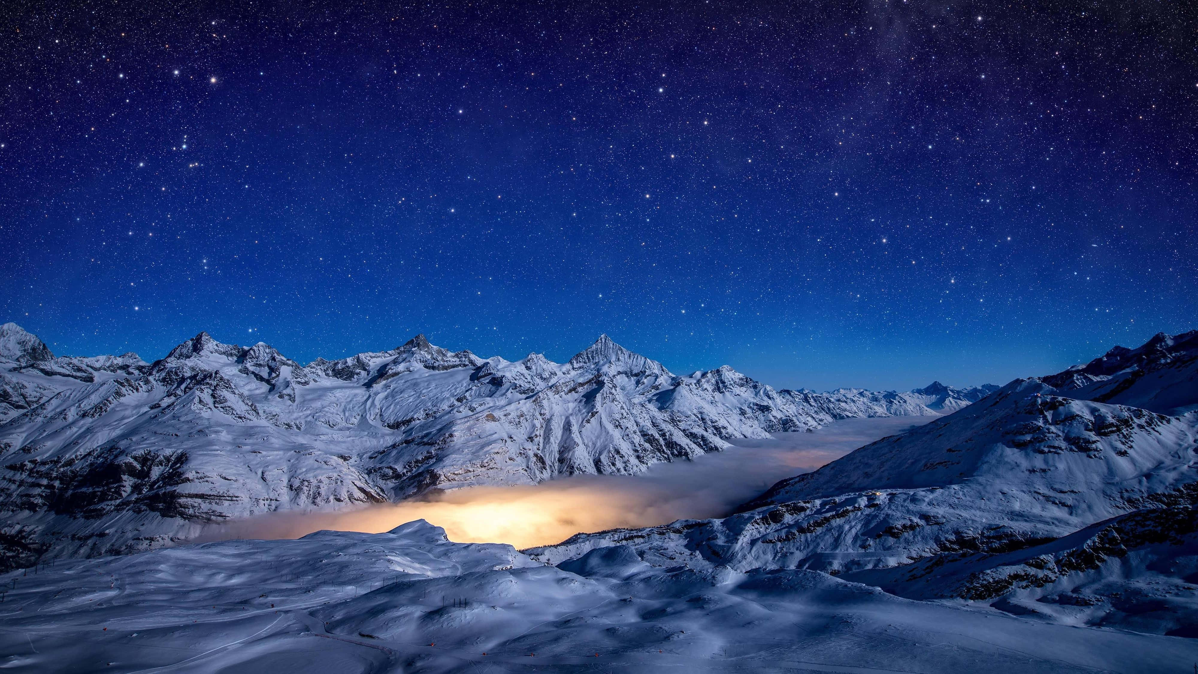 4K Mountain, snowy mountain peaks, starry night sky, 4K Desktop Wallpaper