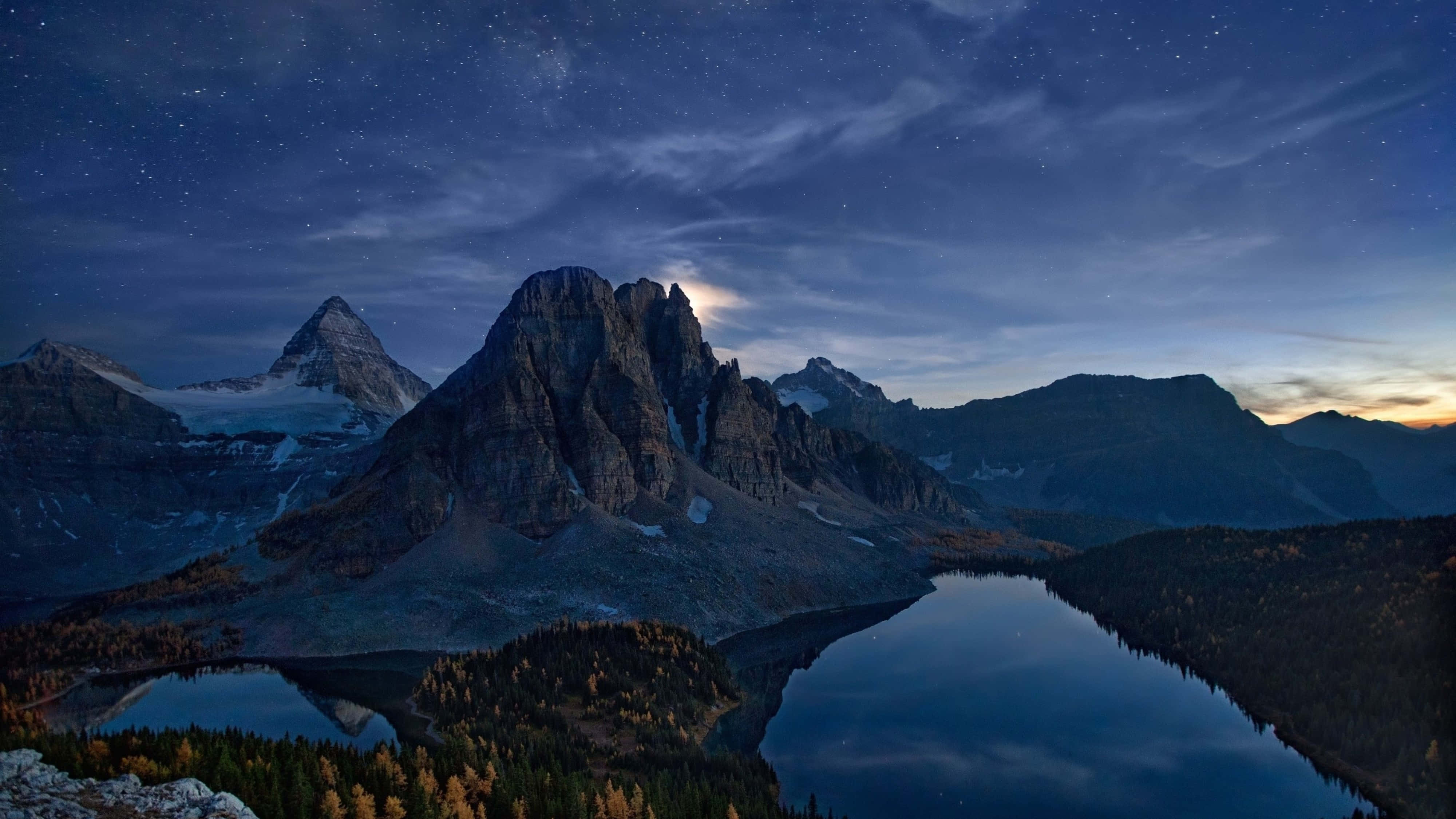 snow-capped mountain range, starry night sky, calm mountain lake, 4K Desktop Wallpaper