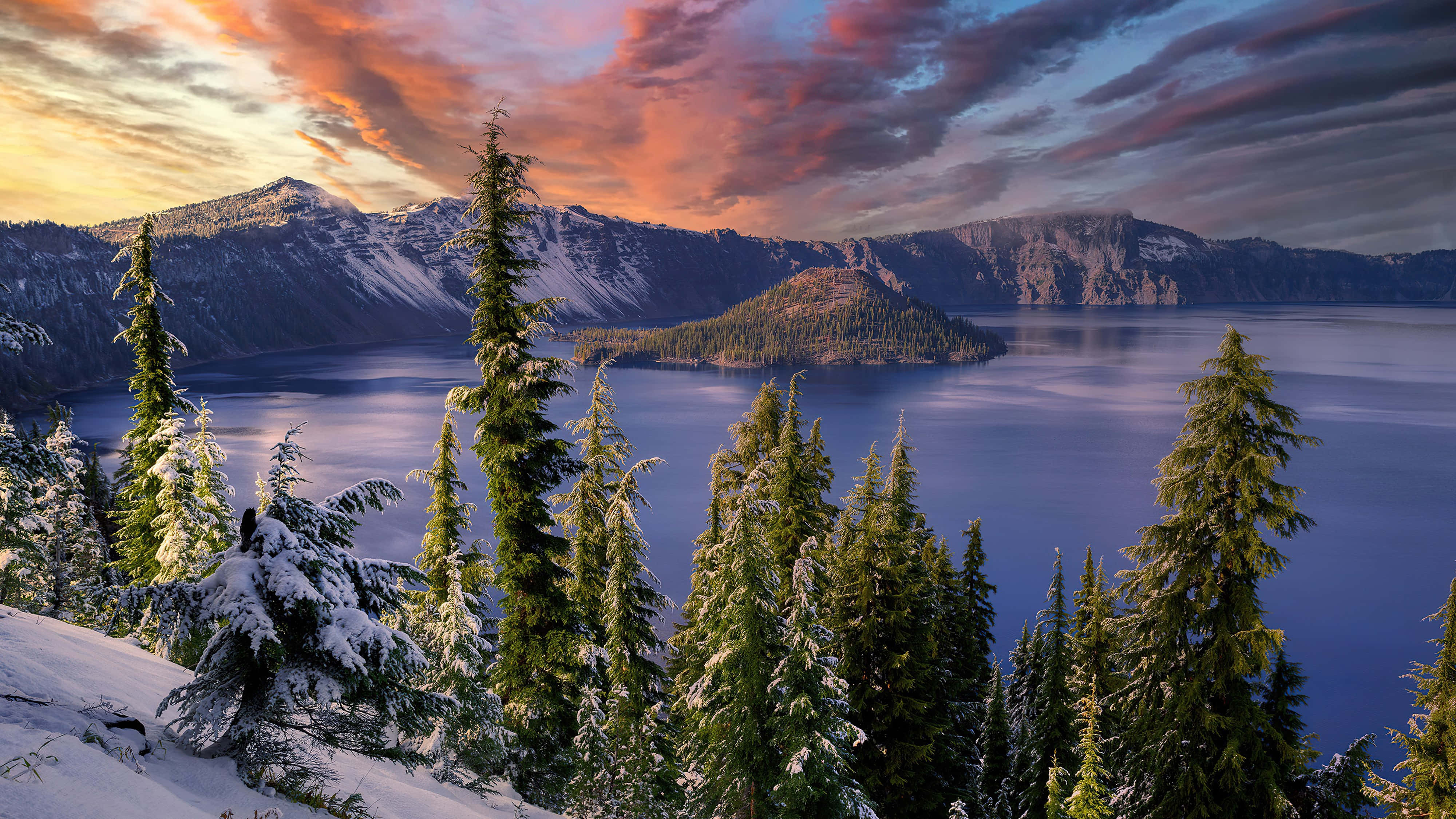 4K Mountain, snow dusted evergreens, serene volcanic lake, 4K Desktop Wallpaper