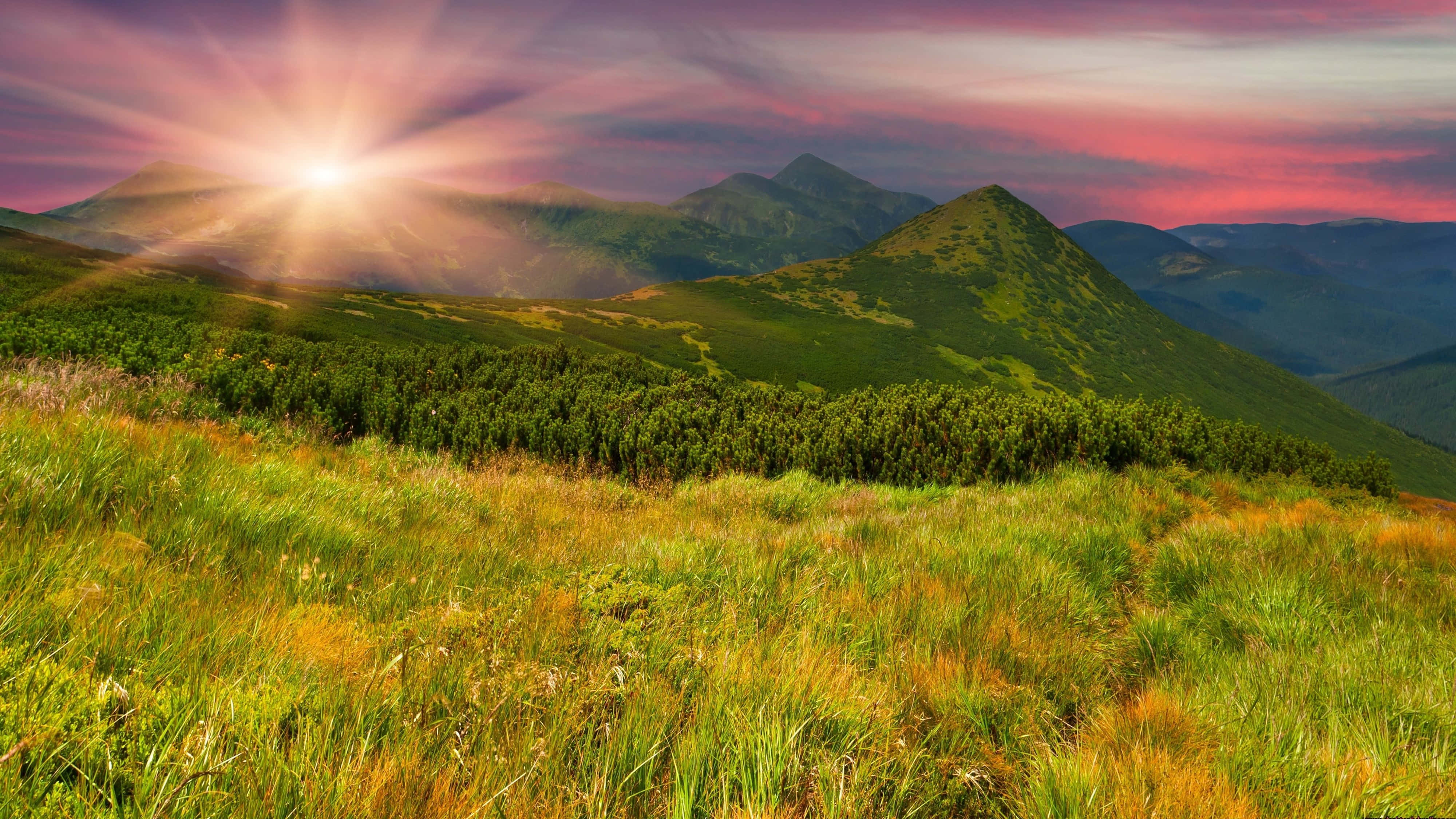 4K Mountain, sunny valley, dawn, 4K Desktop Wallpaper