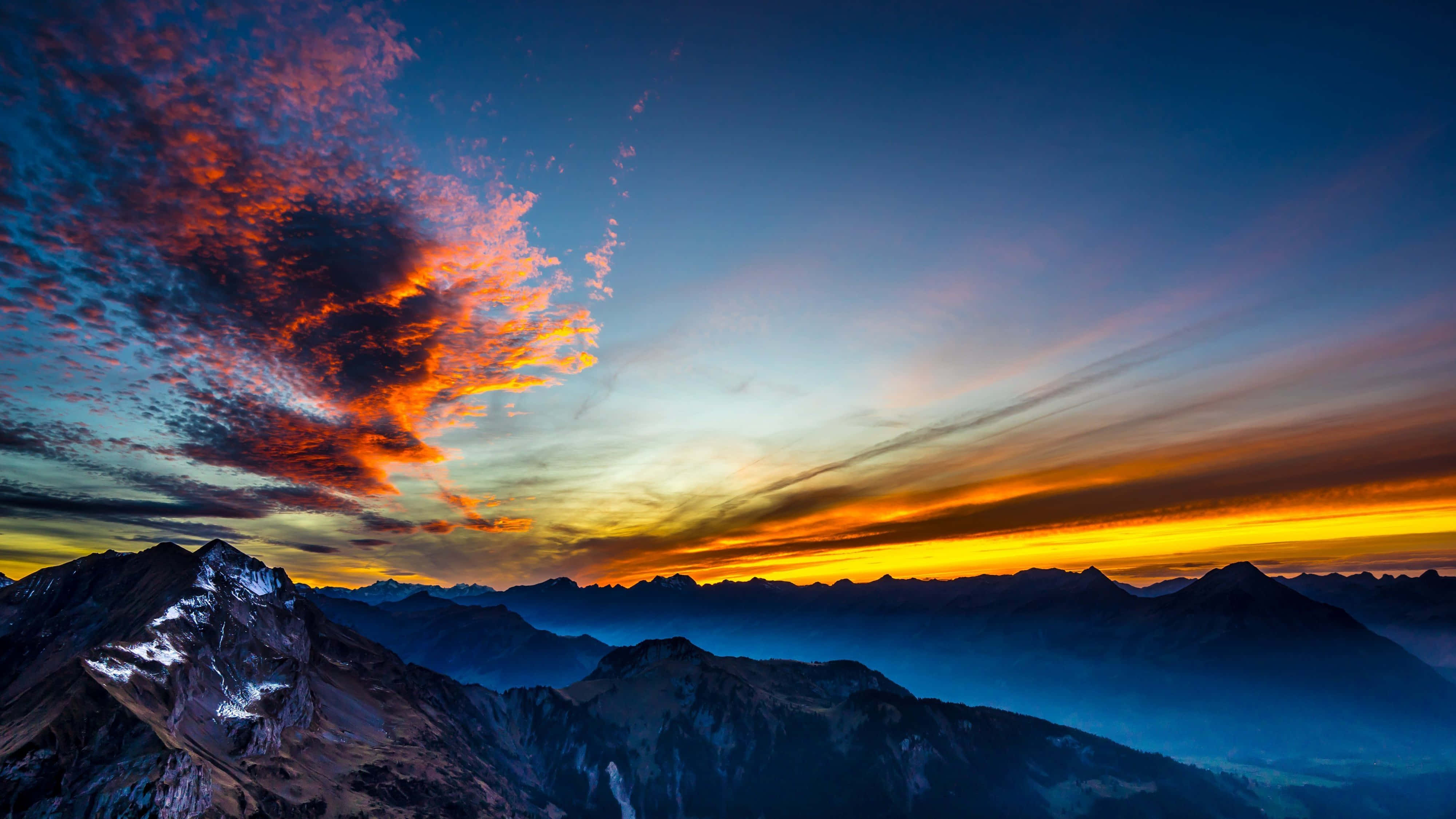 4K Mountain, fiery sunset hues, vibrant orange clouds, 4K Desktop Wallpaper